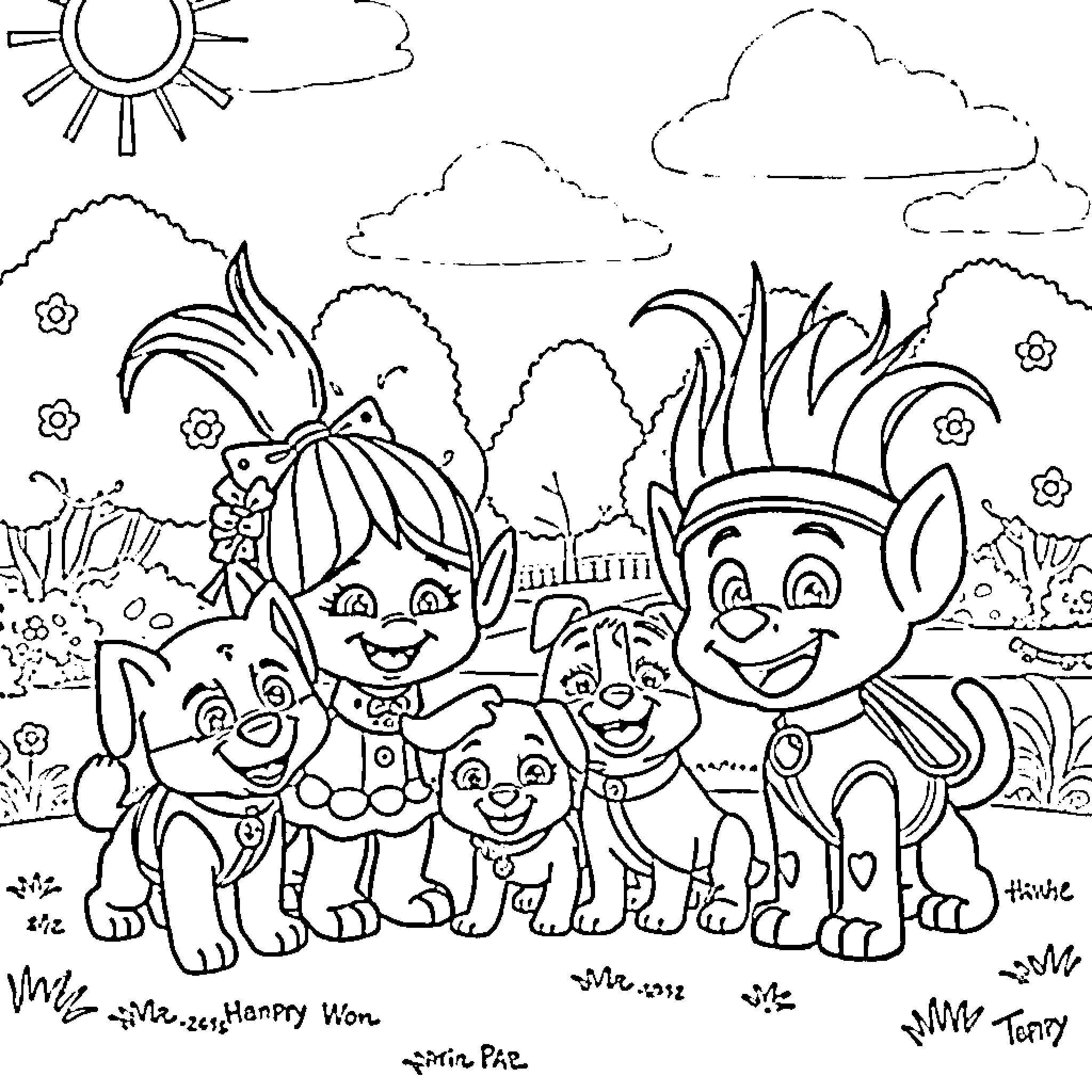 Poppy and Troll Friends in Enchanted Forest Coloring Page (free black-and-white line drawing printable PDF for all, from beginners to advanced learners, including children, teens, adults, and seniors)