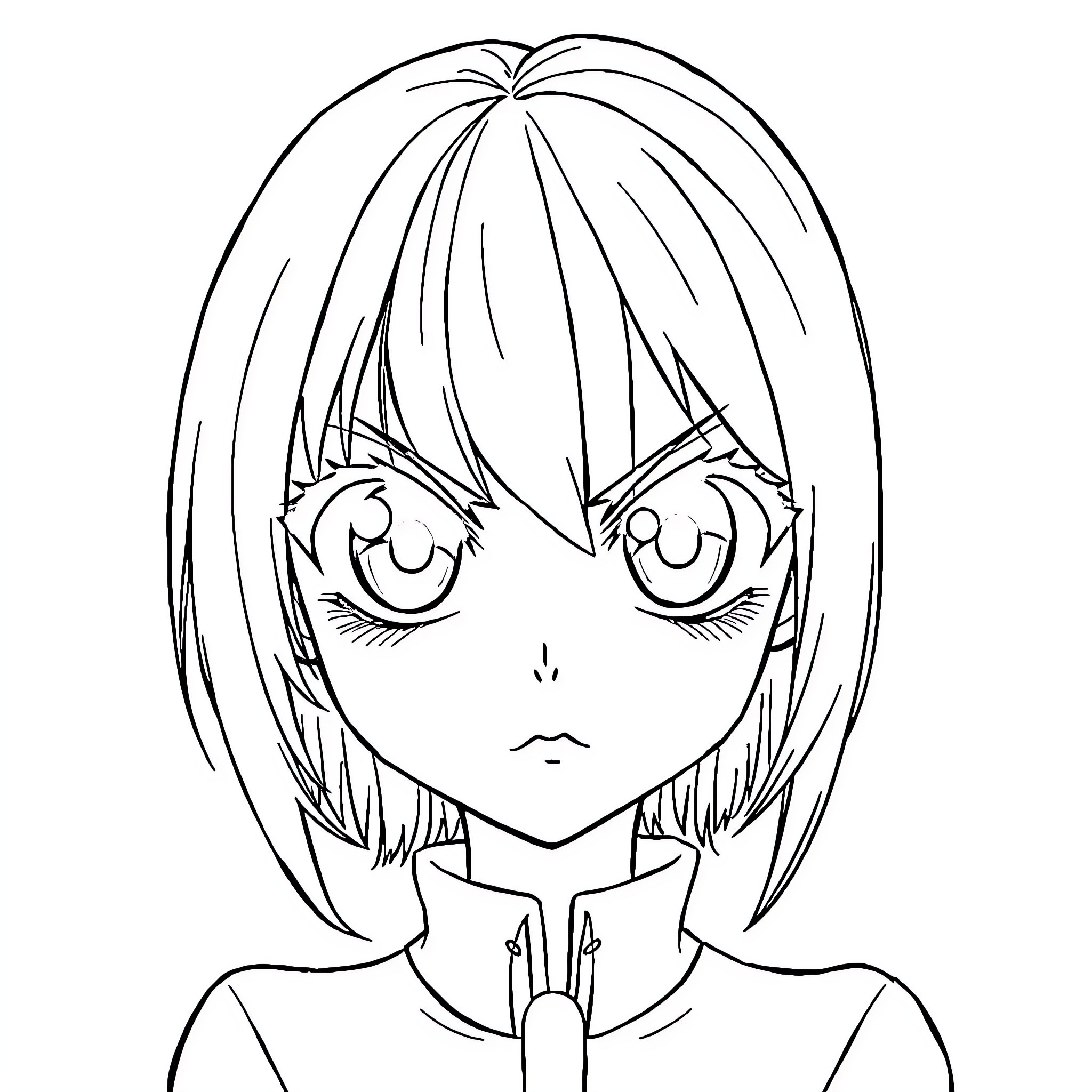 Anime Girl with Serious Expression Coloring Page (free black-and-white line drawing printable PDF for all, from beginners to advanced learners, including children, teens, adults, and seniors)