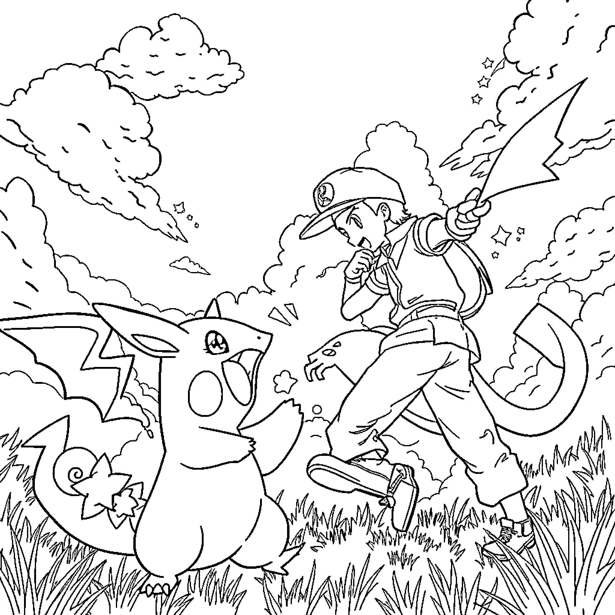 Pokémon trainer battles wild Pokémon in the countryside Coloring Page (free black-and-white line drawing printable PDF for all, from beginners to advanced learners, including children, teens, adults, and seniors)