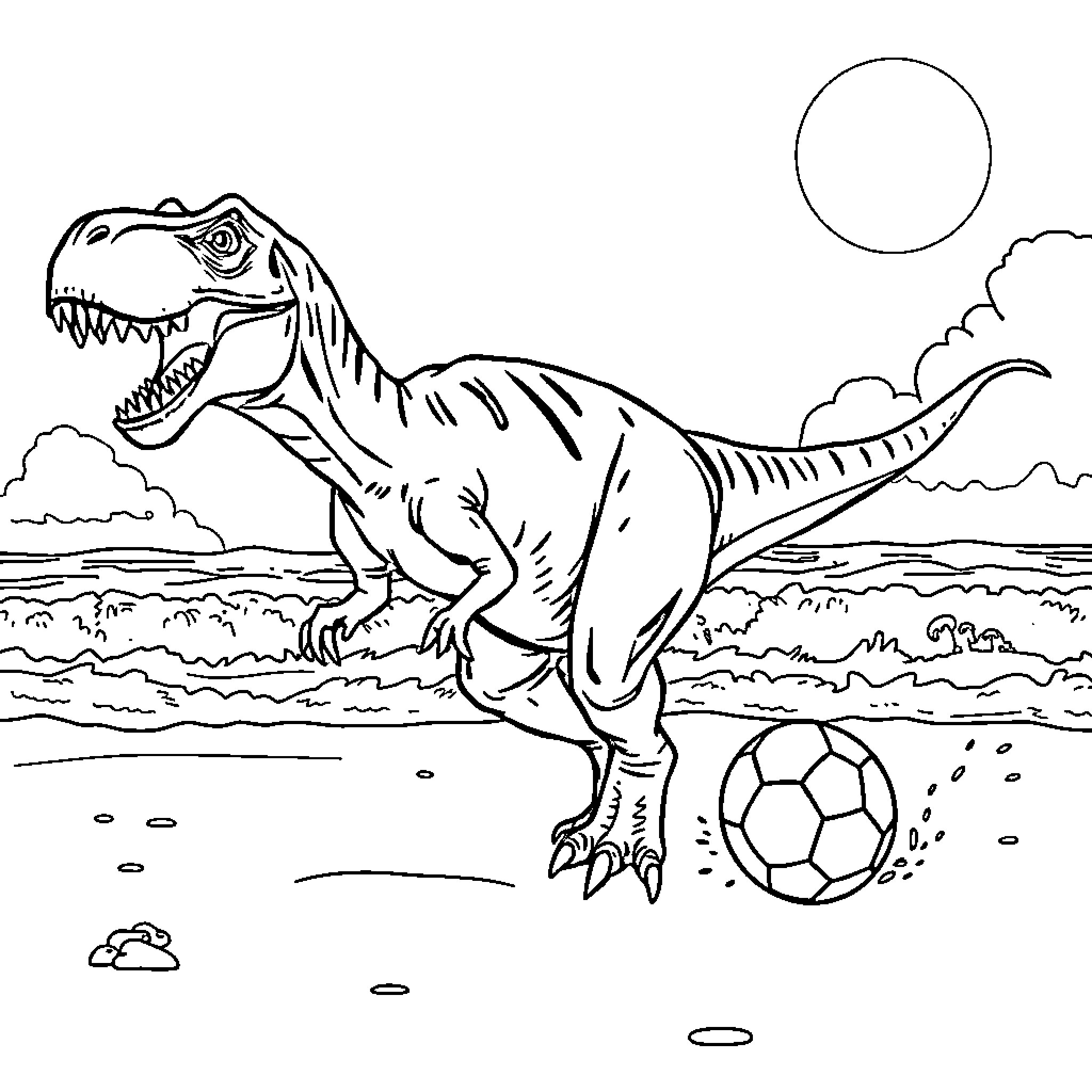 Tyrannosaurus Rex playing with a soccer ball Coloring Page (free black-and-white line drawing printable PDF for all, from beginners to advanced learners, including children, teens, adults, and seniors)