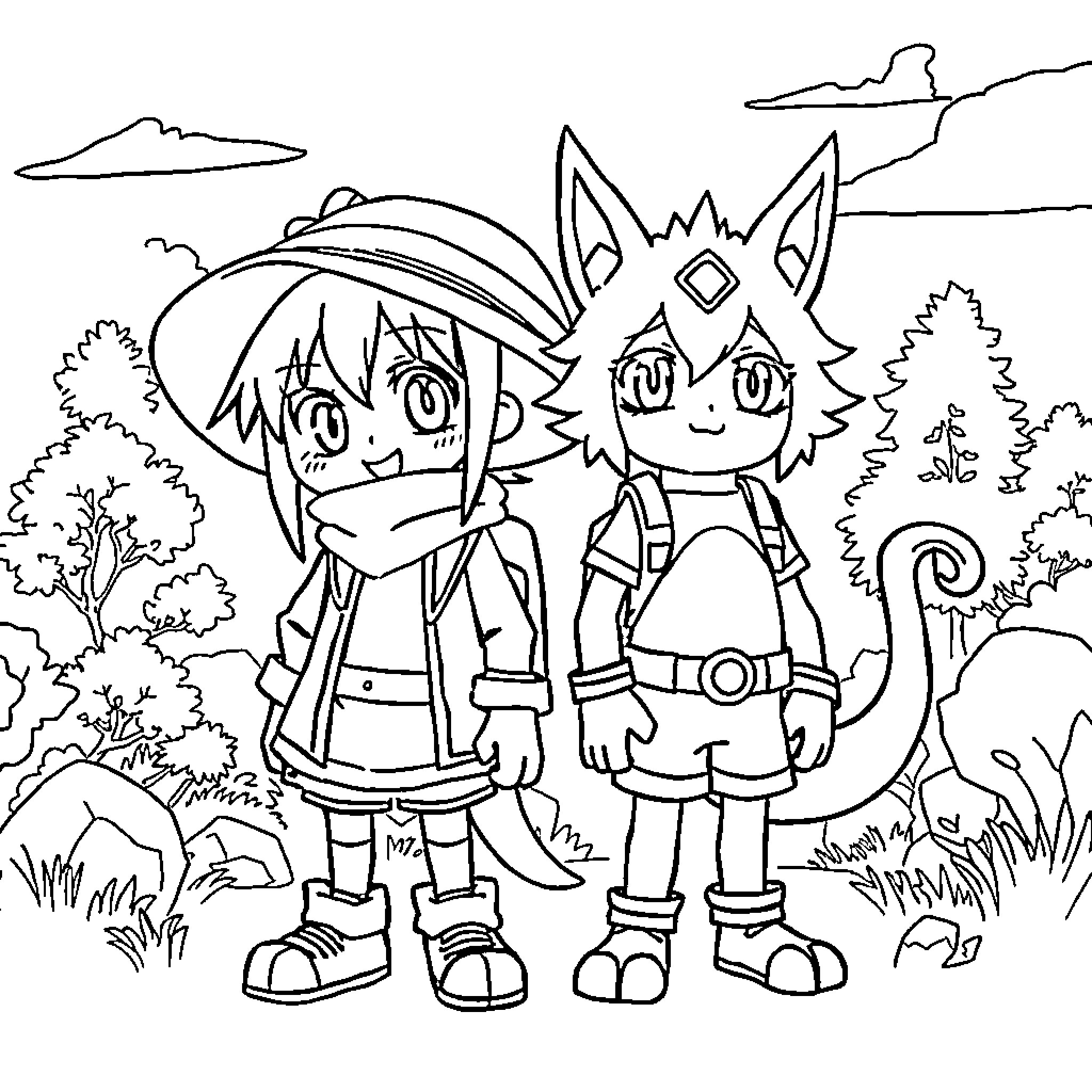 Tatachi Animated Heroes in Adventurous Outdoor Scene Coloring Page (free black-and-white line drawing printable PDF for all, from beginners to advanced learners, including children, teens, adults, and seniors)