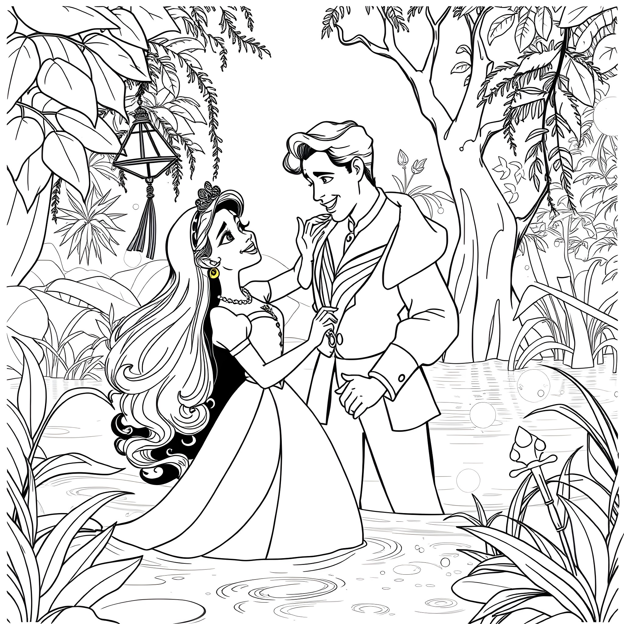 Tiana and Prince Charming dancing in the enchanted forest Coloring Page (free black-and-white line drawing printable PDF for all, from beginners to advanced learners, including children, teens, adults, and seniors)