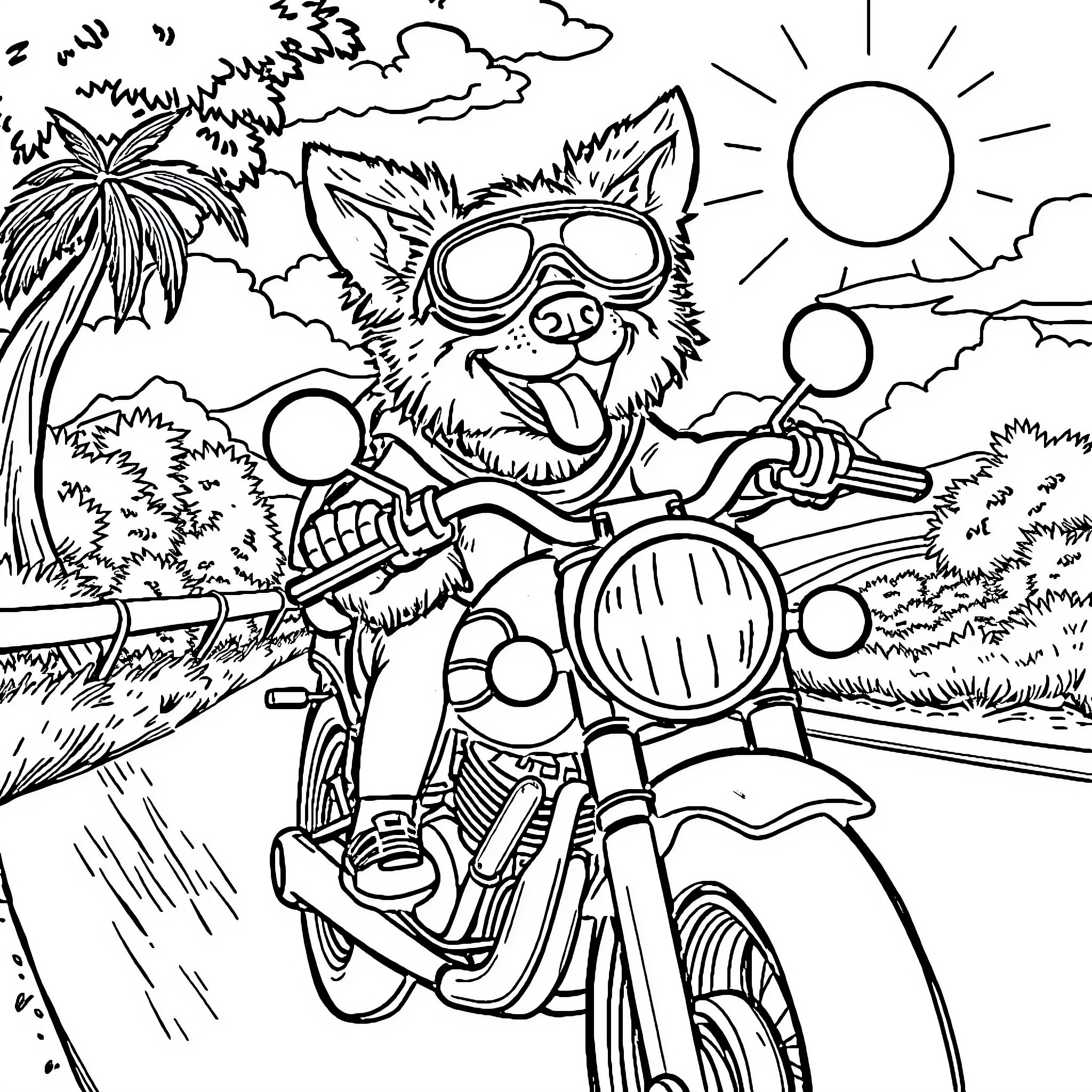 Dog riding motorcycle in tropical landscape Coloring Page (free black-and-white line drawing printable PDF for all, from beginners to advanced learners, including children, teens, adults, and seniors)