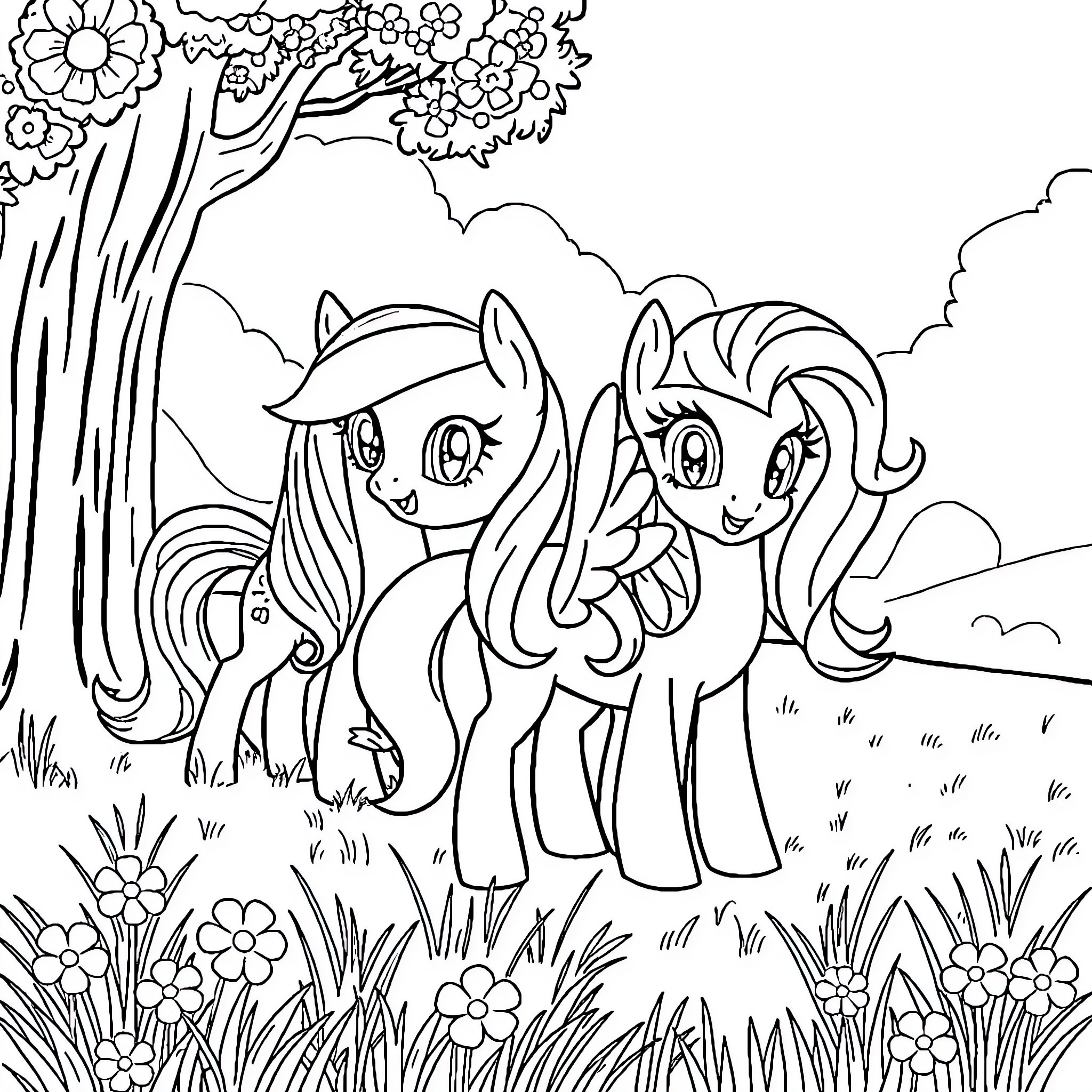 Fluttershy and friends enjoying a peaceful day outdoors Coloring Page (free black-and-white line drawing printable PDF for all, from beginners to advanced learners, including children, teens, adults, and seniors)