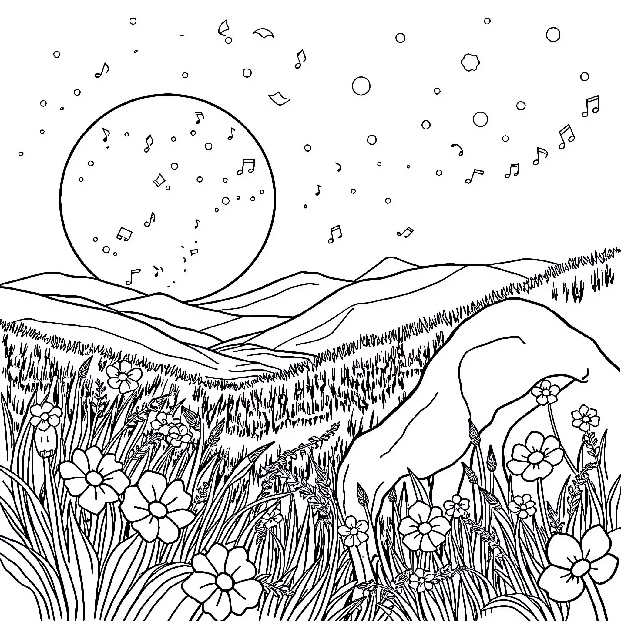 Search for Harmony in a Whimsical Landscape Coloring Page (free black-and-white line drawing printable PDF for all, from beginners to advanced learners, including children, teens, adults, and seniors)