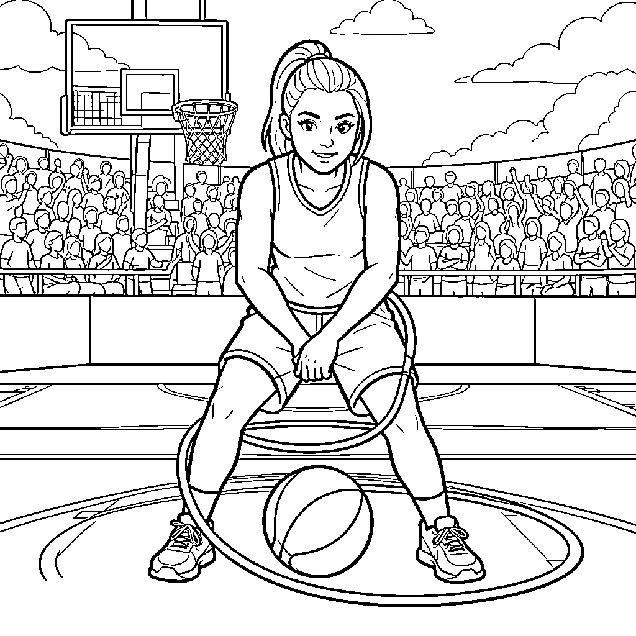 Judy playing basketball in front of a cheering crowd Coloring Page (free black-and-white line drawing printable PDF for all, from beginners to advanced learners, including children, teens, adults, and seniors)