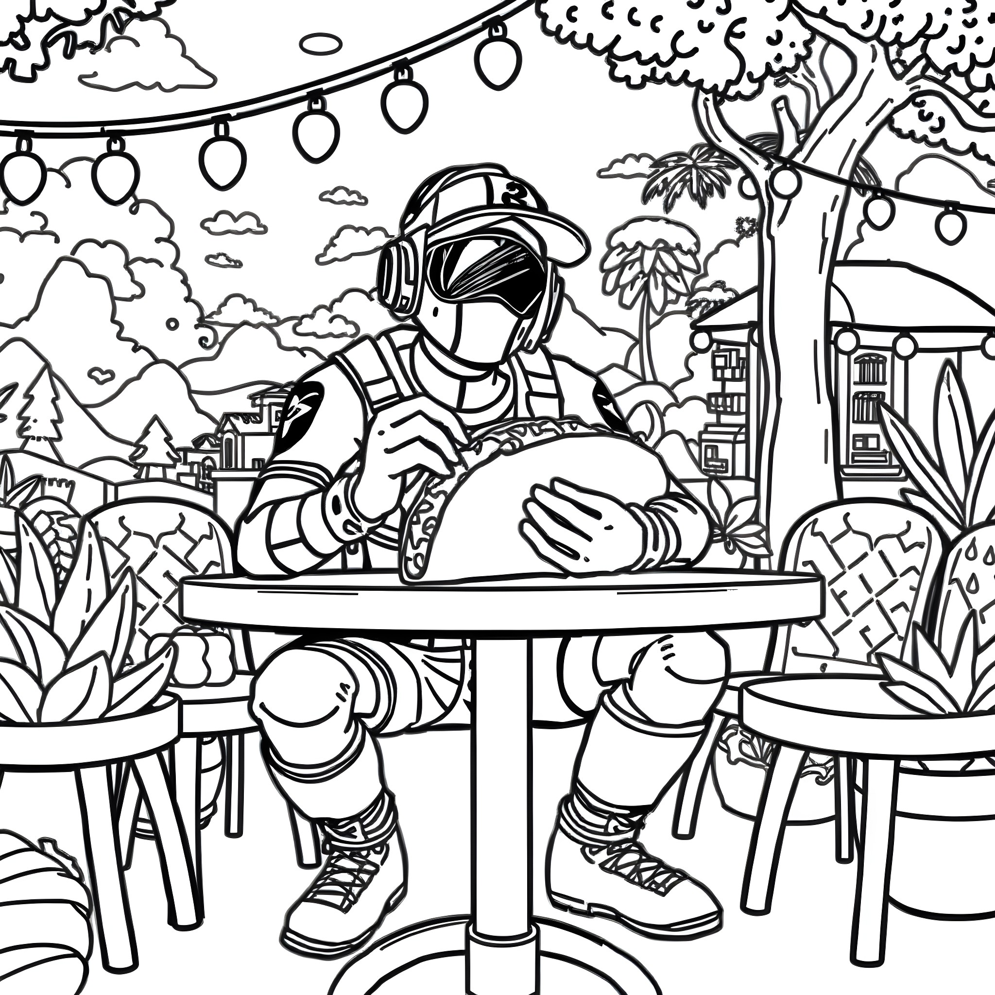 Fortnite Character in Outdoor Picnic Scene Coloring Page (free black-and-white line drawing printable PDF for all, from beginners to advanced learners, including children, teens, adults, and seniors)