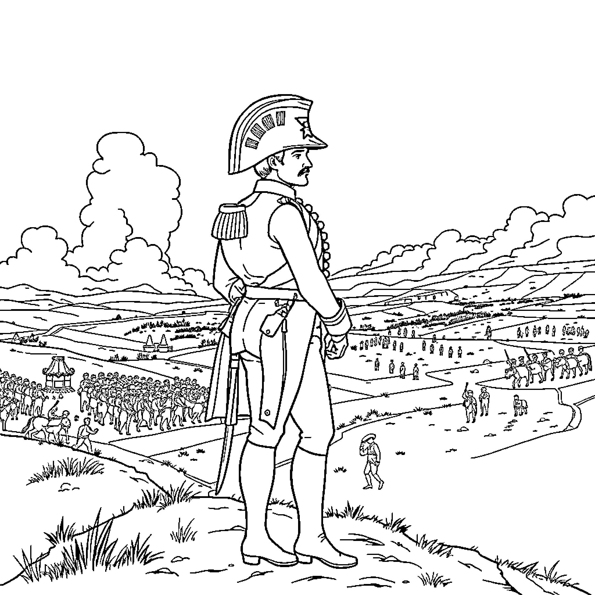 Napoleon Overlooking His Army on the Battlefield Coloring Page (free black-and-white line drawing printable PDF for all, from beginners to advanced learners, including children, teens, adults, and seniors)