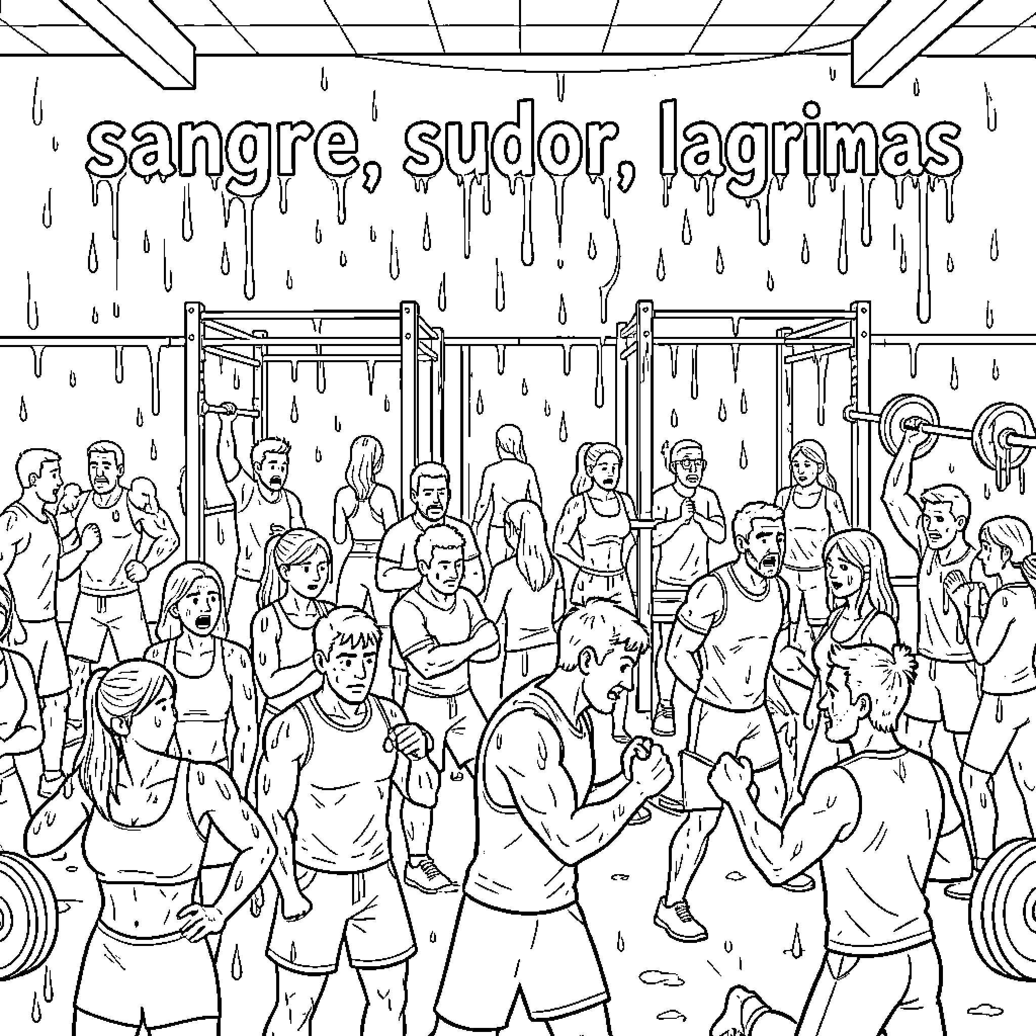 Gym enthusiasts exercising intensely with determined expressions Coloring Page (free black-and-white line drawing printable PDF for all, from beginners to advanced learners, including children, teens, adults, and seniors)