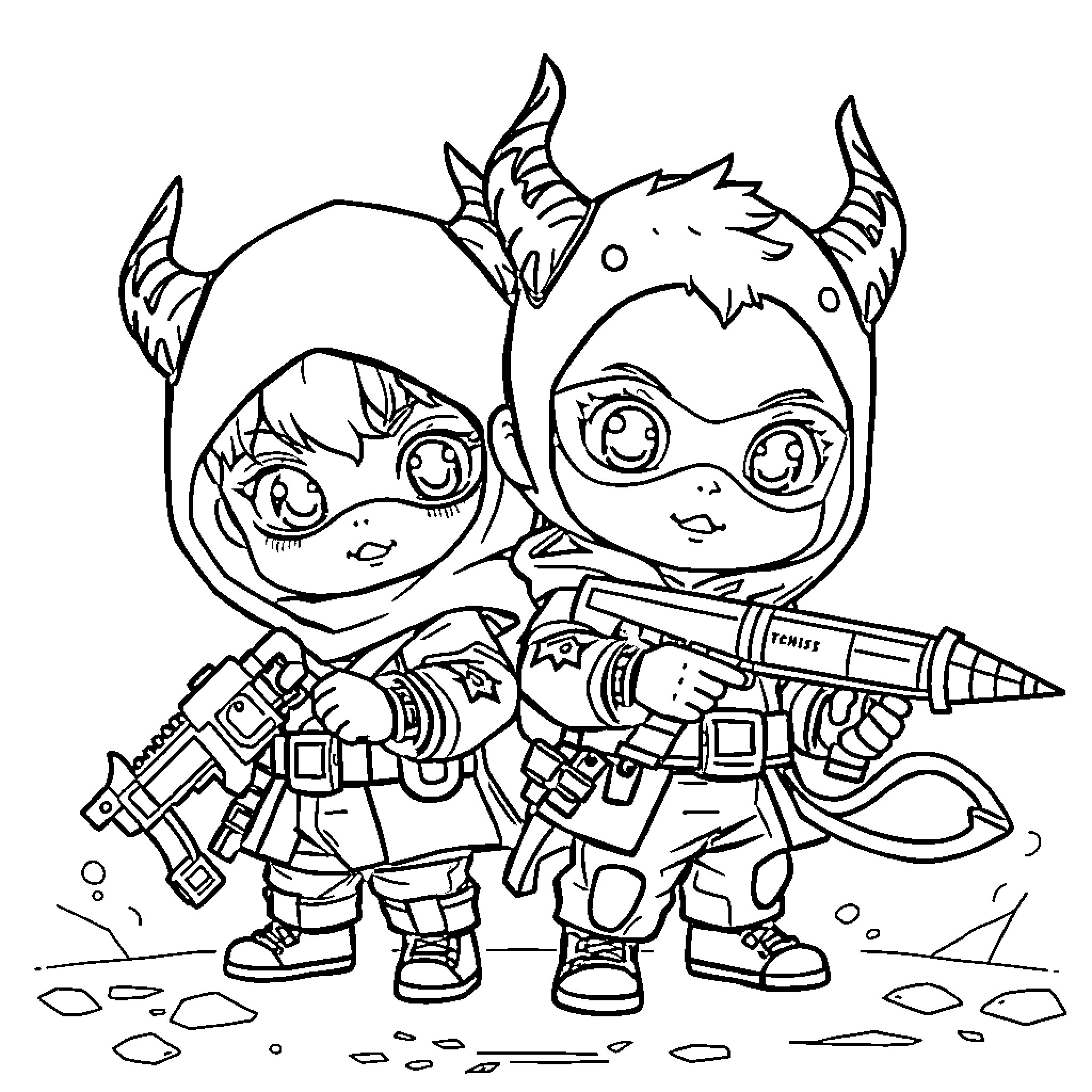 Kpop Demon Hunters in Futuristic Outfits Coloring Page (free black-and-white line drawing printable PDF for all, from beginners to advanced learners, including children, teens, adults, and seniors)