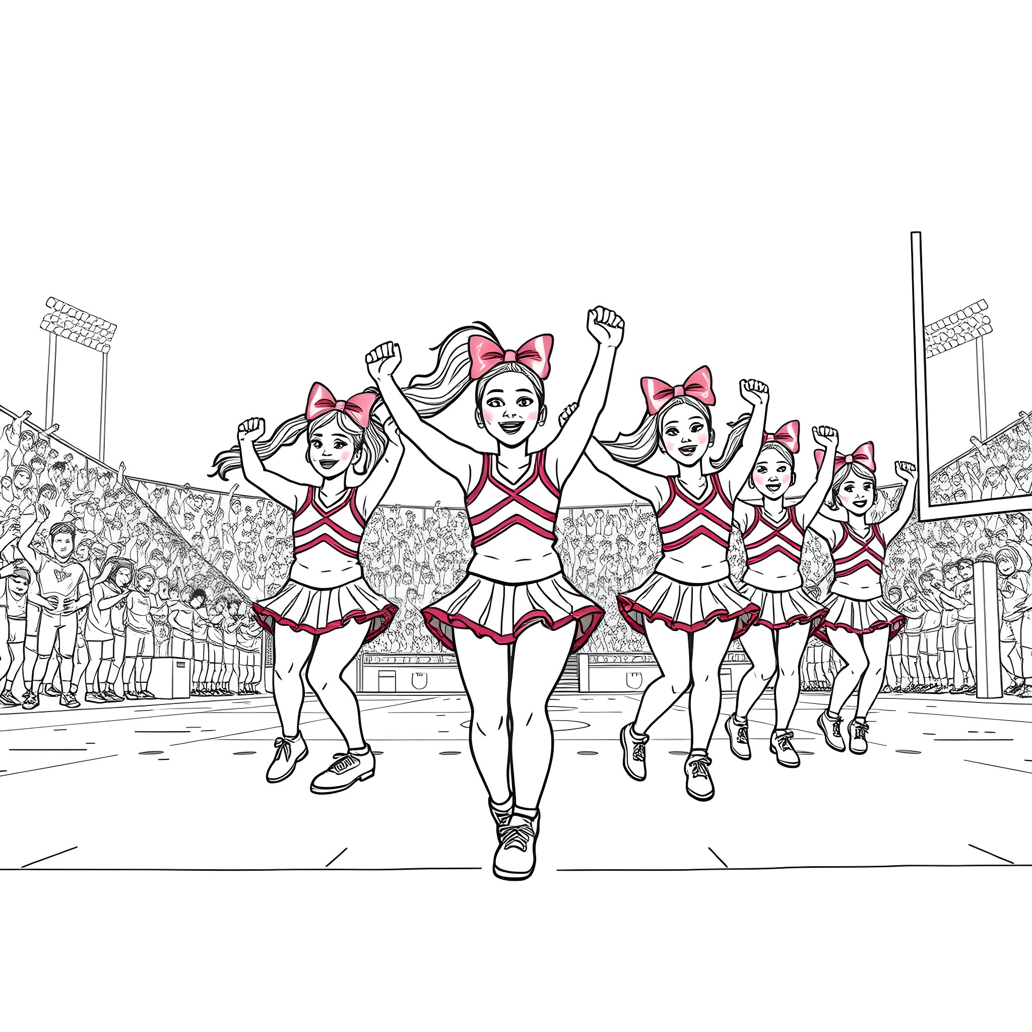Cheerleaders performing energetic dance routines on the field Coloring Page (free black-and-white line drawing printable PDF for all, from beginners to advanced learners, including children, teens, adults, and seniors)