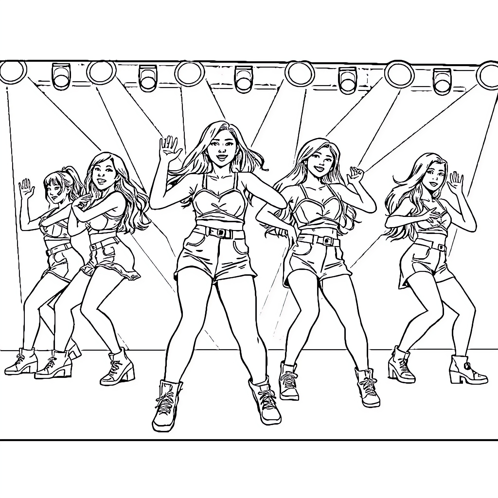 Kpop Performers Energetically Expressing on Stage Coloring Page (free black-and-white line drawing printable PDF for all, from beginners to advanced learners, including children, teens, adults, and seniors)