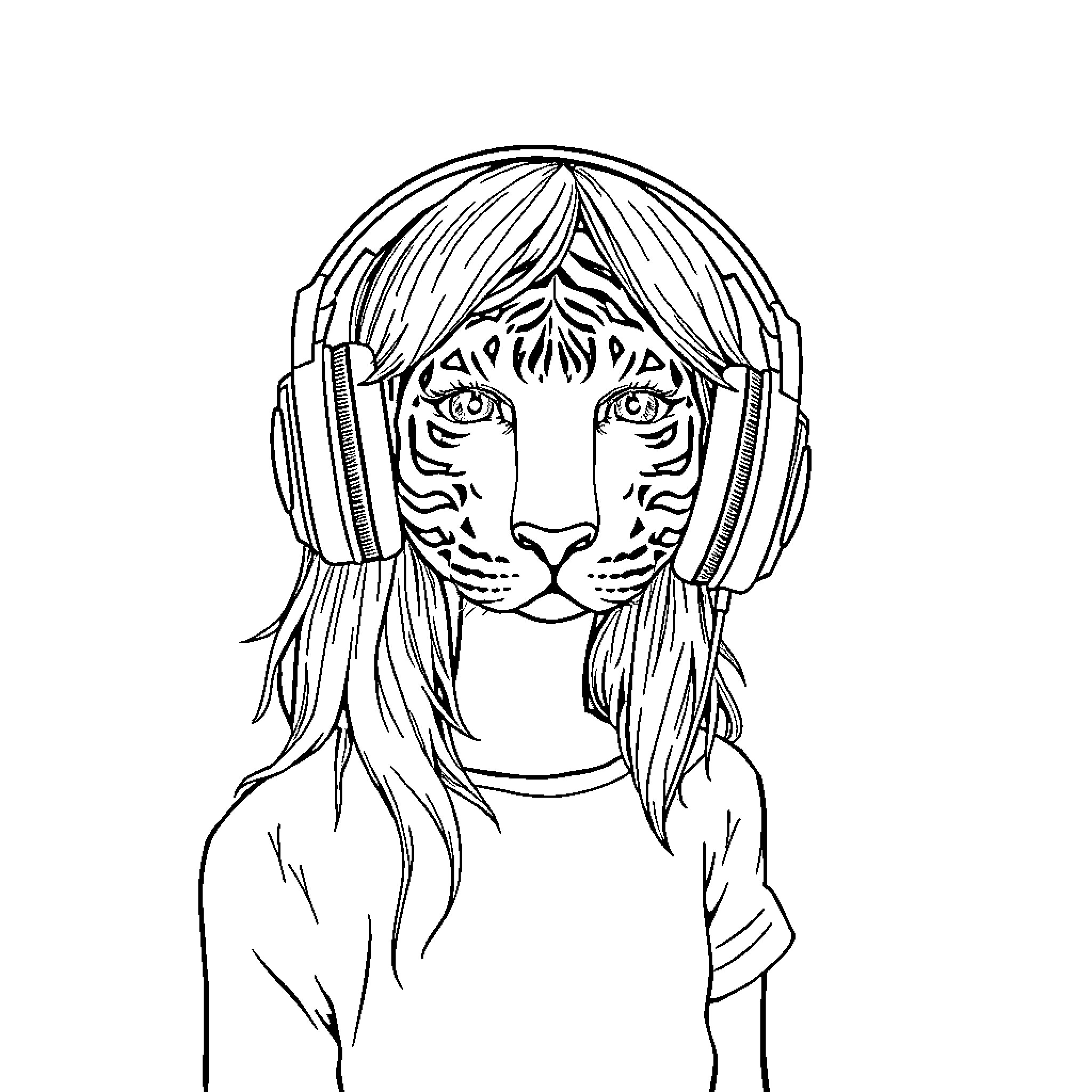 Girl with Tiger Face Wearing Headphones Coloring Page (free black-and-white line drawing printable PDF for all, from beginners to advanced learners, including children, teens, adults, and seniors)