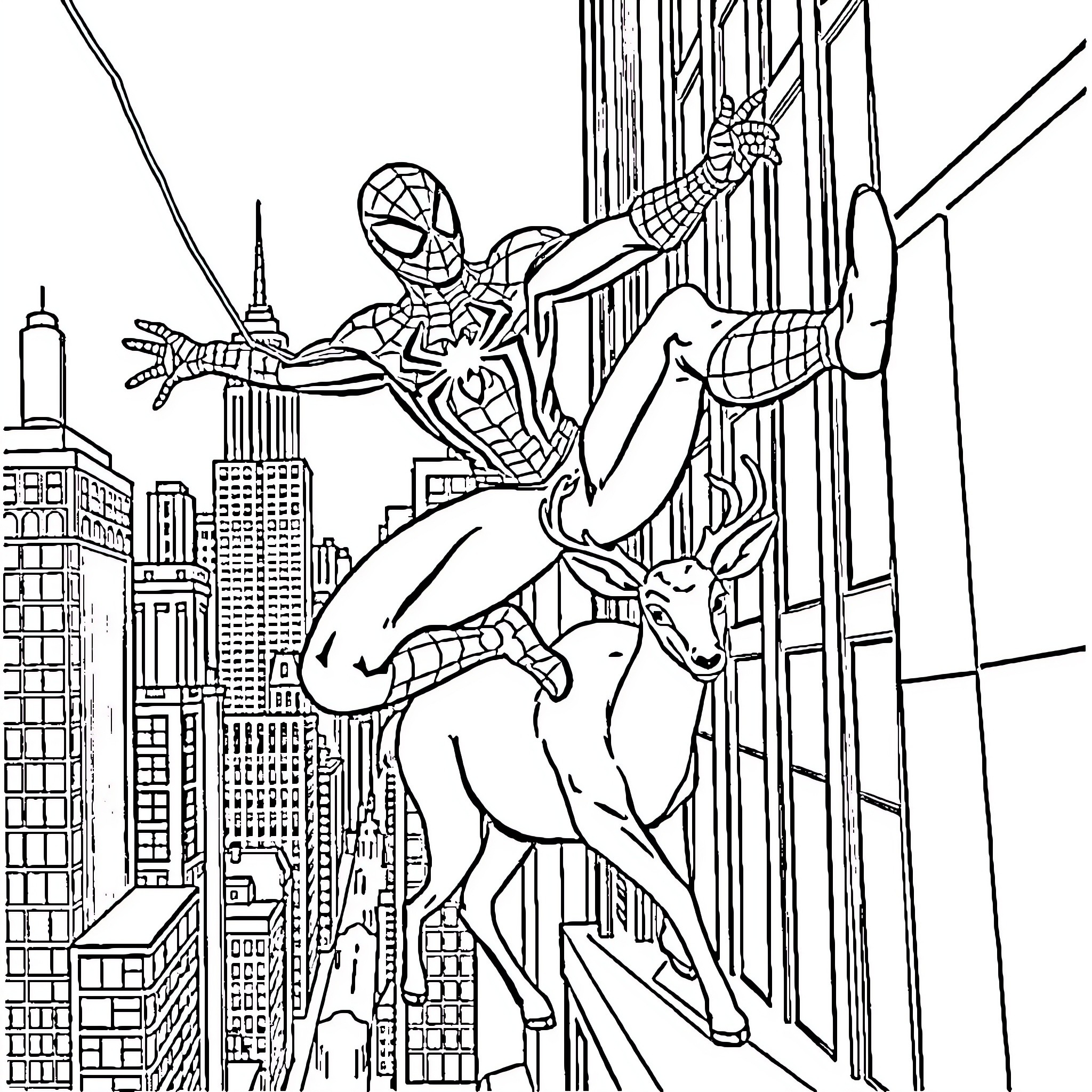Spiderman swinging through the city skyline Coloring Page (free black-and-white line drawing printable PDF for all, from beginners to advanced learners, including children, teens, adults, and seniors)