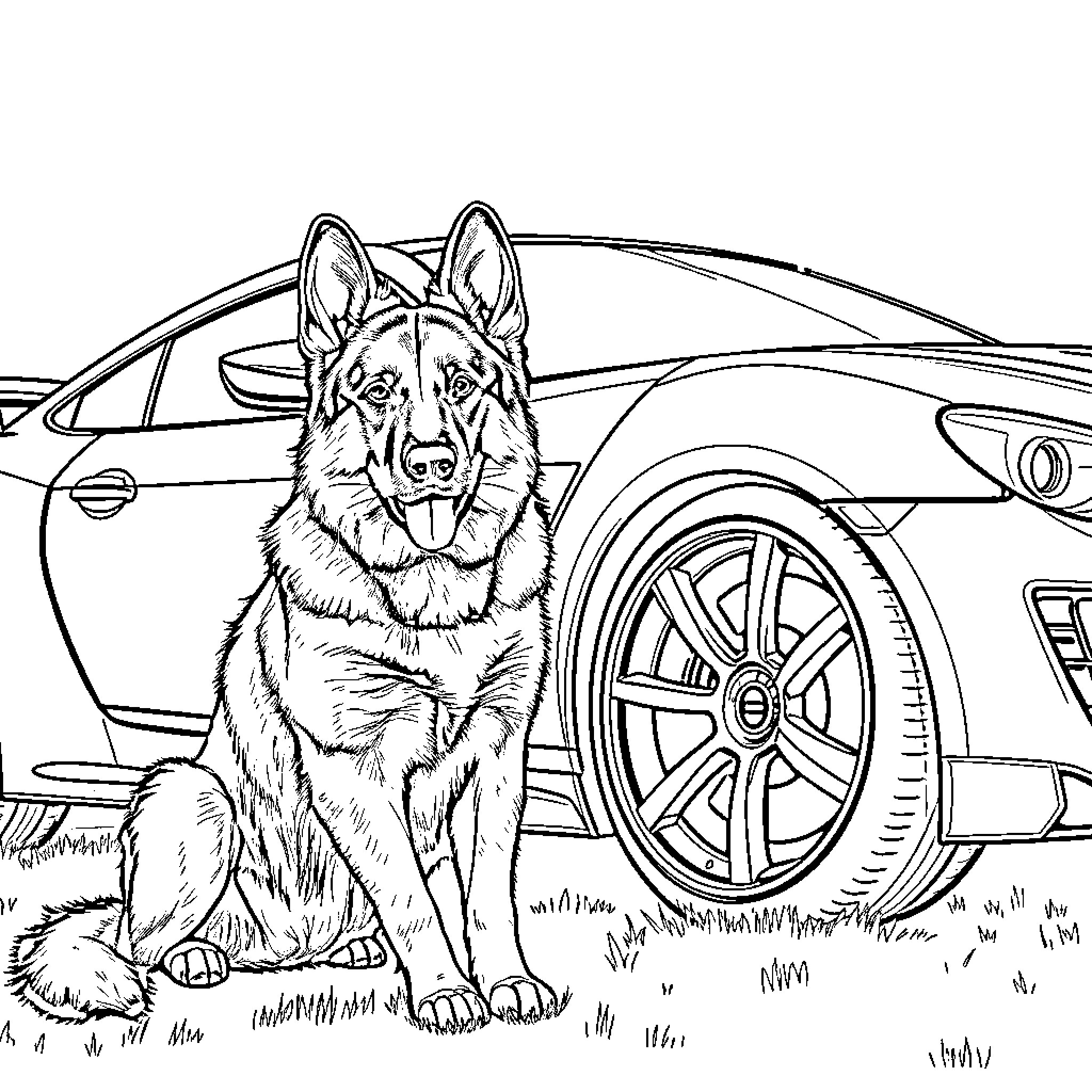 German Shepherd guarding luxury car Coloring Page (free black-and-white line drawing printable PDF for all, from beginners to advanced learners, including children, teens, adults, and seniors)