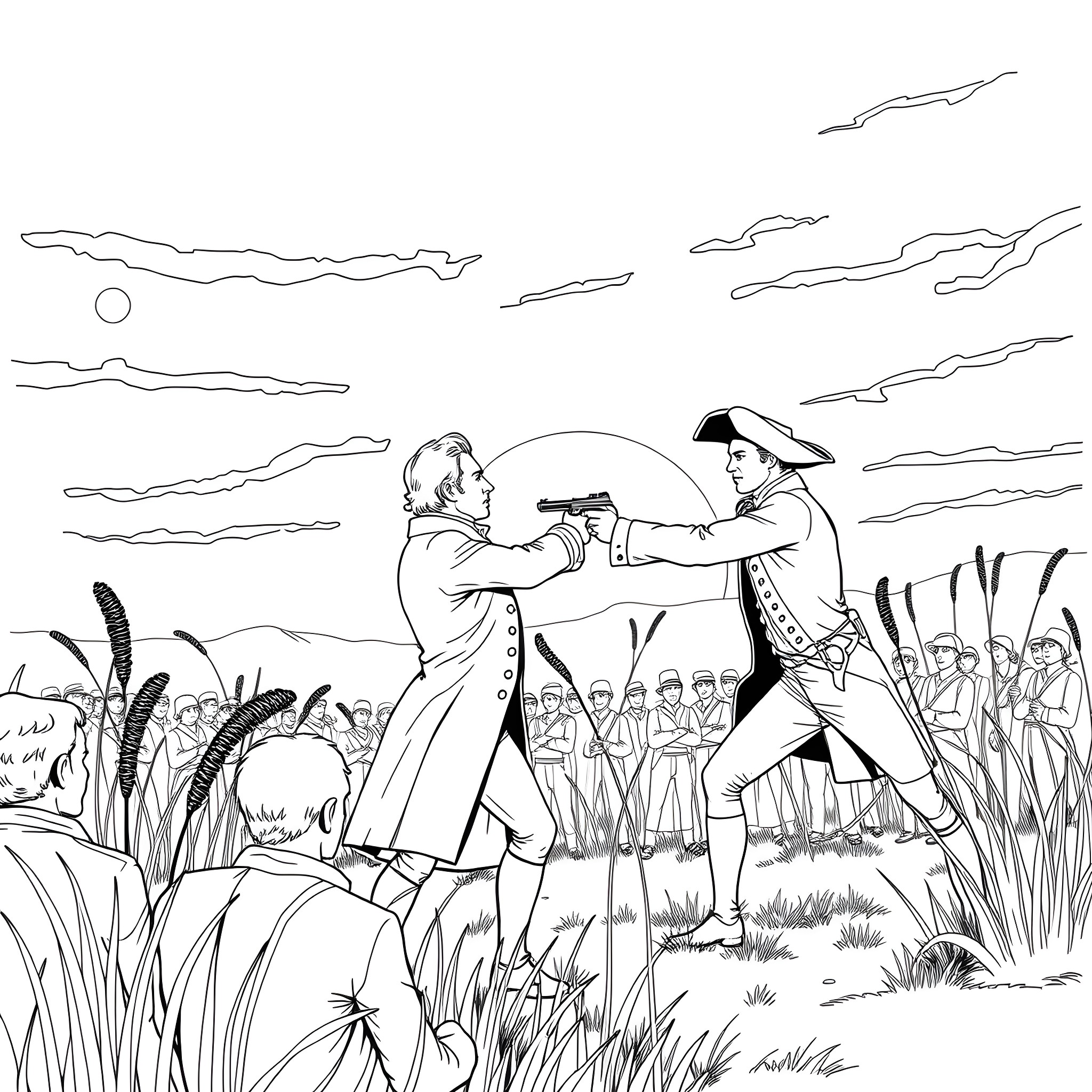 Duel between gentlemen in a field Coloring Page (free black-and-white line drawing printable PDF for all, from beginners to advanced learners, including children, teens, adults, and seniors)