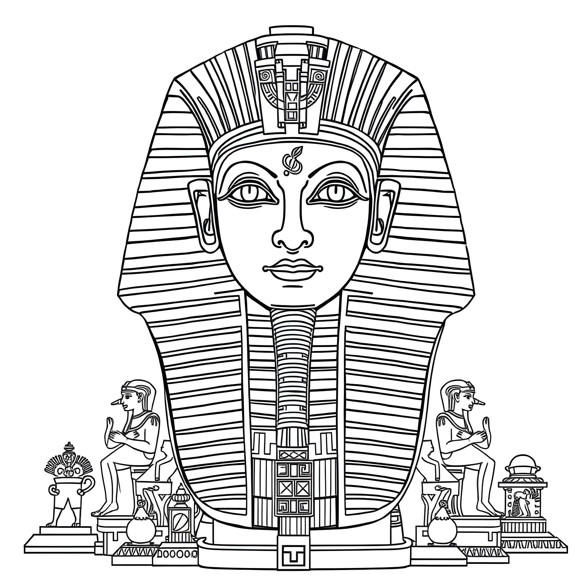 Tutankhamun's Iconic Egyptian Pharaoh Portrayal Coloring Page (free black-and-white line drawing printable PDF for all, from beginners to advanced learners, including children, teens, adults, and seniors)