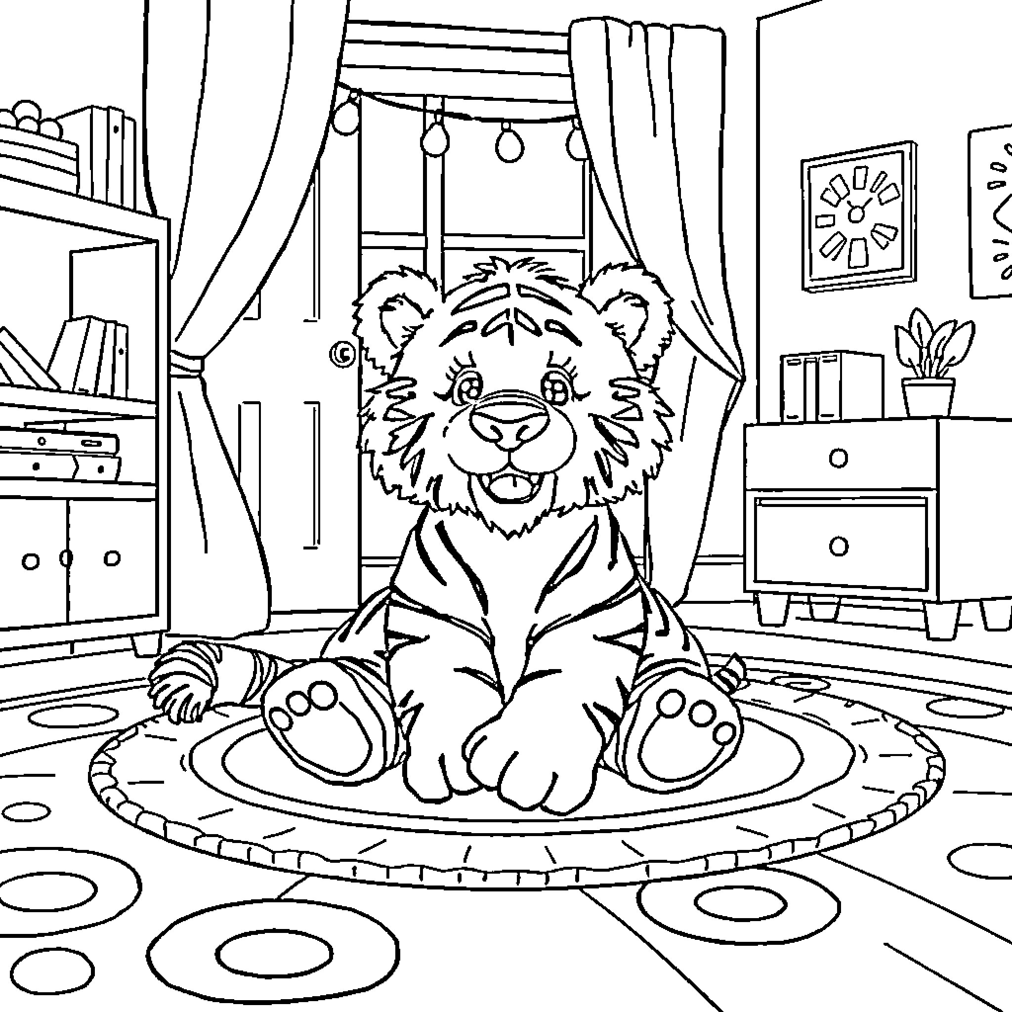 Tiger resting comfortably in a cozy indoor setting Coloring Page (free black-and-white line drawing printable PDF for all, from beginners to advanced learners, including children, teens, adults, and seniors)