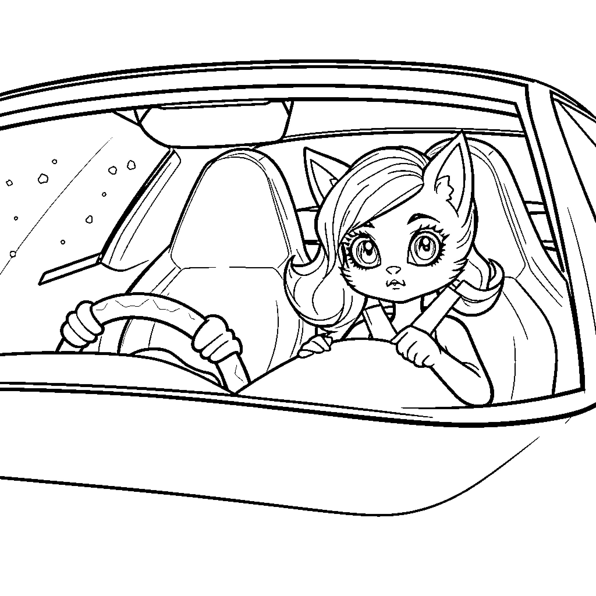 Gabby's Exciting Drive in the Car Coloring Page (free black-and-white line drawing printable PDF for all, from beginners to advanced learners, including children, teens, adults, and seniors)