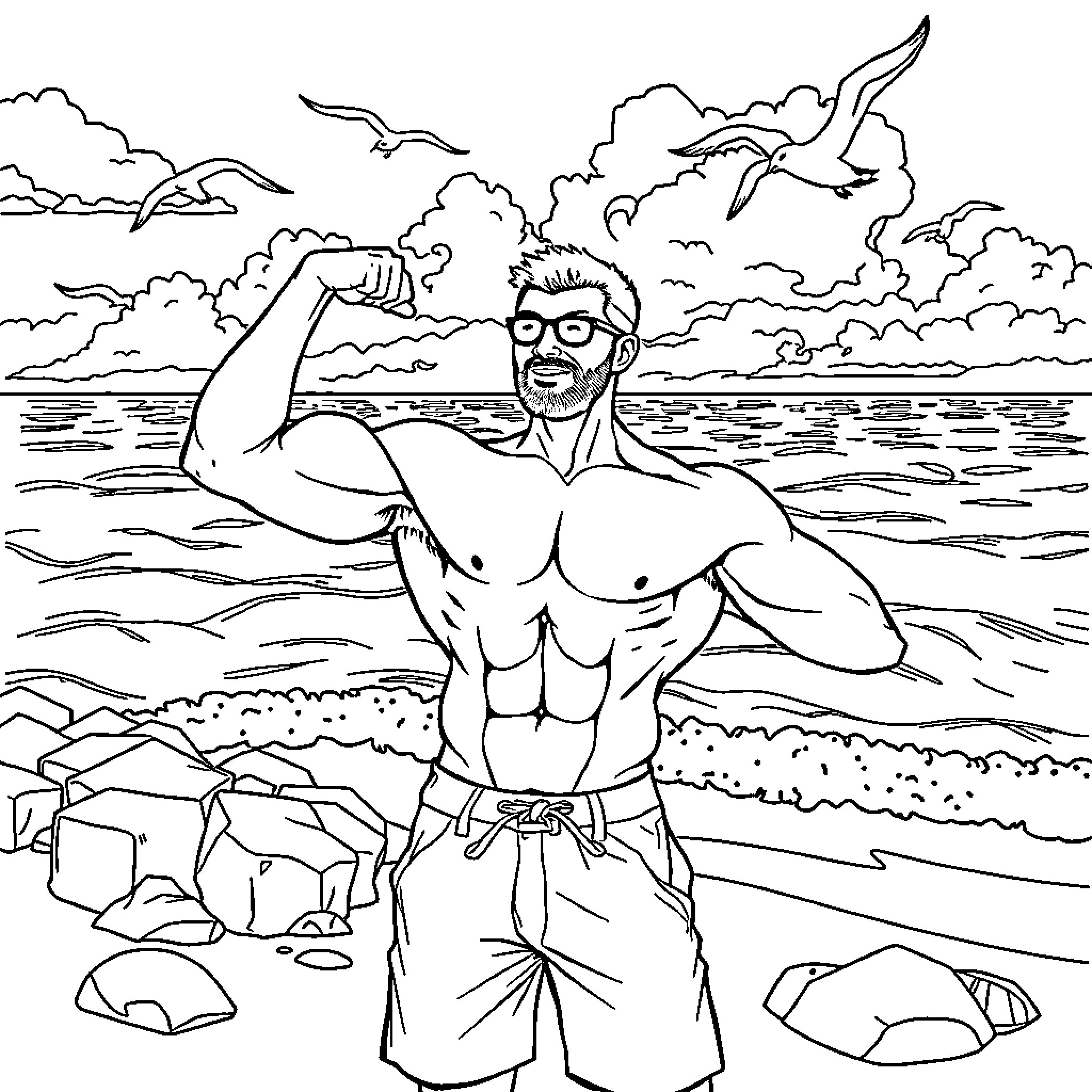 Man flexing muscles on the beach Coloring Page (free black-and-white line drawing printable PDF for all, from beginners to advanced learners, including children, teens, adults, and seniors)