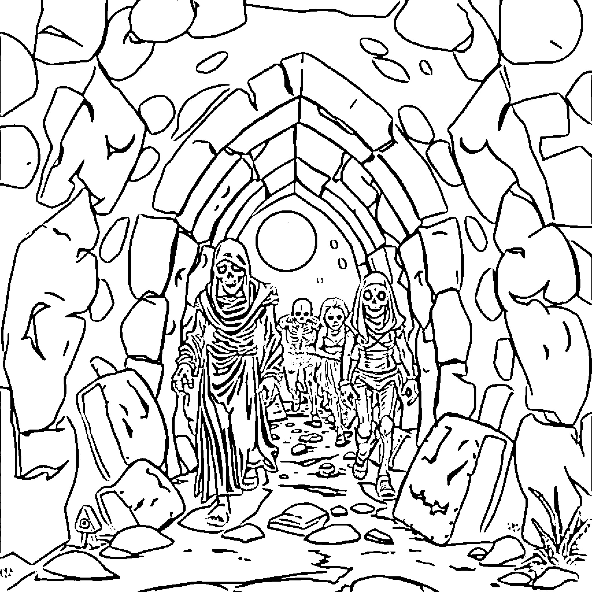 Esqueleto Exploring the Mysterious Cave Passage Coloring Page (free black-and-white line drawing printable PDF for all, from beginners to advanced learners, including children, teens, adults, and seniors)