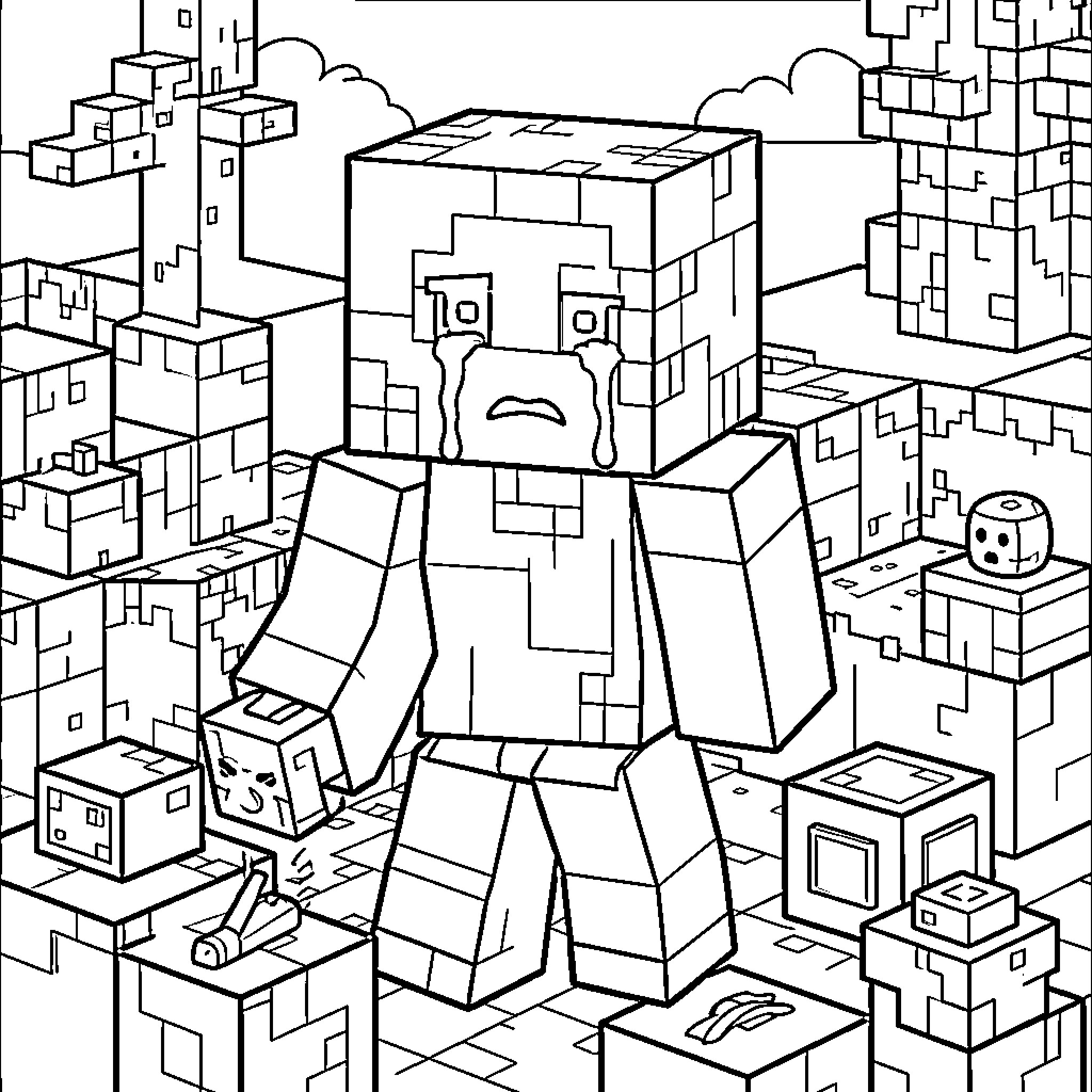 Minecraft Steve crying in a blocky landscape Coloring Page (free black-and-white line drawing printable PDF for all, from beginners to advanced learners, including children, teens, adults, and seniors)