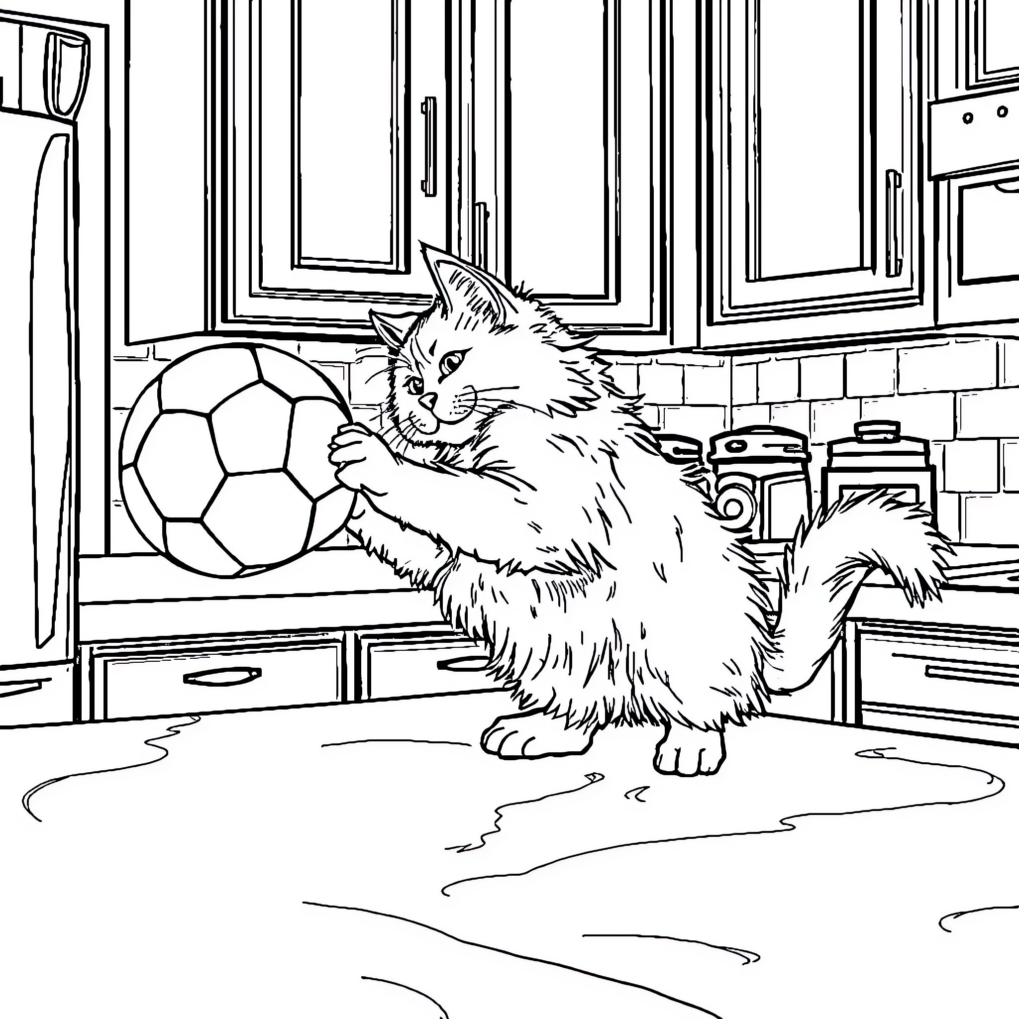 Cat playing with a soccer ball Coloring Page (free black-and-white line drawing printable PDF for all, from beginners to advanced learners, including children, teens, adults, and seniors)