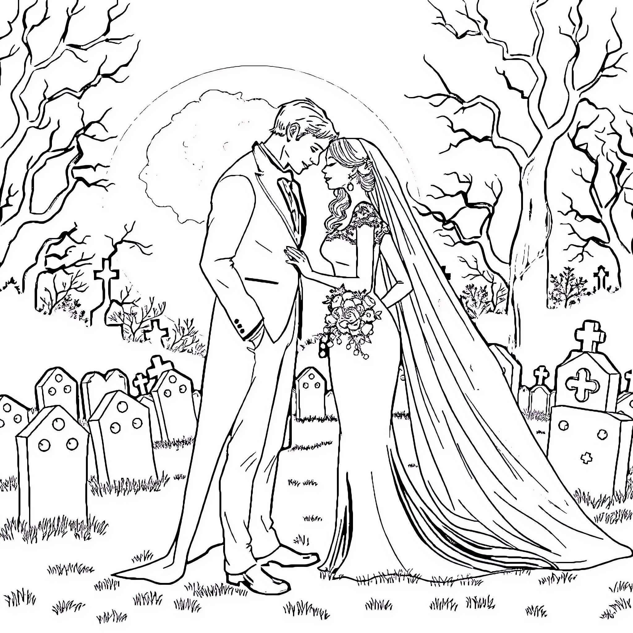 Wedding Couple Embracing in Romantic Outdoor Setting Coloring Page (free black-and-white line drawing printable PDF for all, from beginners to advanced learners, including children, teens, adults, and seniors)