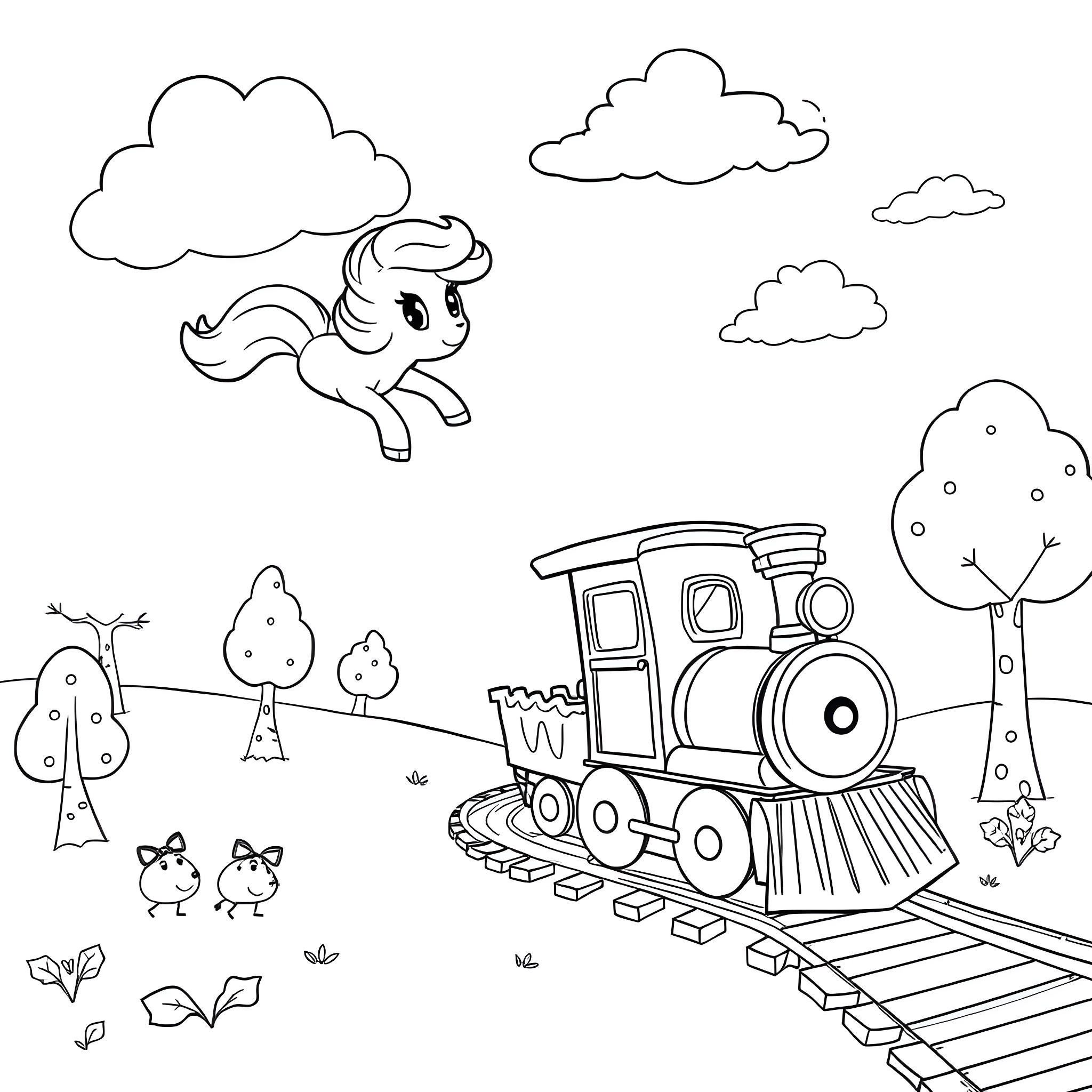 Pinky Ponk's Whimsical Adventure on the Train Tracks Coloring Page (free black-and-white line drawing printable PDF for all, from beginners to advanced learners, including children, teens, adults, and seniors)