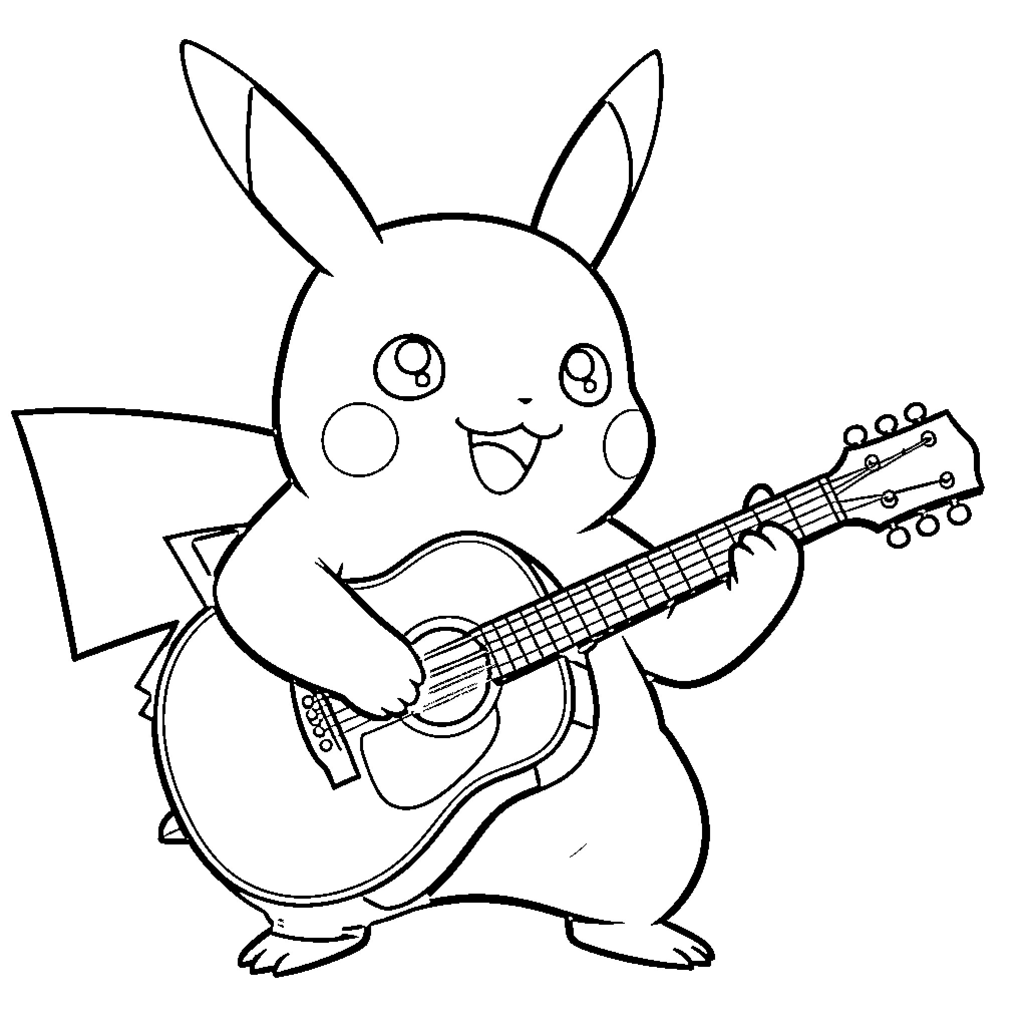 Pikachu happily playing an acoustic guitar Coloring Page (free black-and-white line drawing printable PDF for all, from beginners to advanced learners, including children, teens, adults, and seniors)