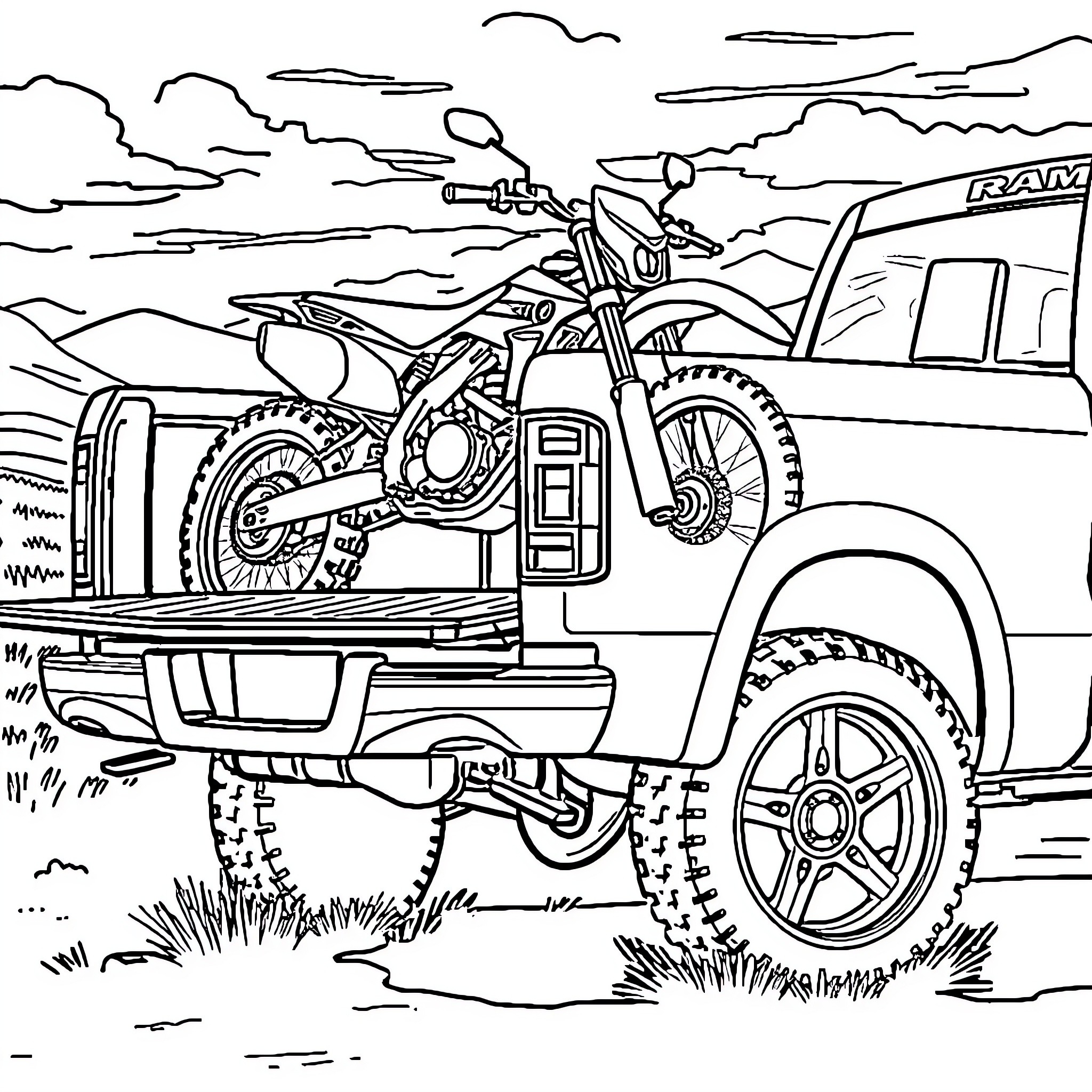 Ram motocross racer in rugged terrain Coloring Page (free black-and-white line drawing printable PDF for all, from beginners to advanced learners, including children, teens, adults, and seniors)