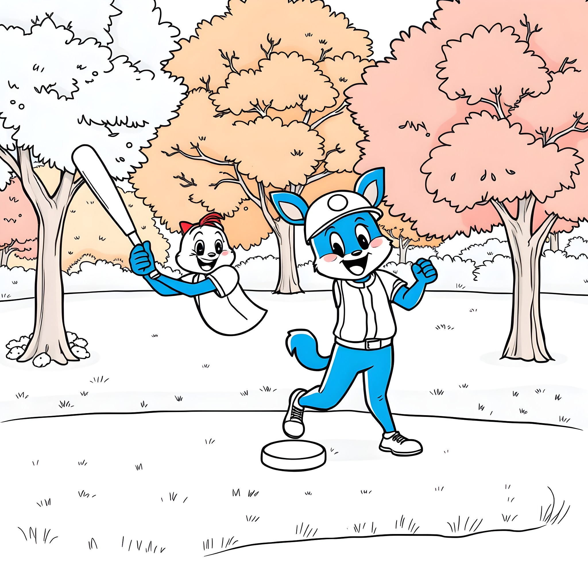 Bluey and Friends Enjoying Outdoor Fun Coloring Page (free black-and-white line drawing printable PDF for all, from beginners to advanced learners, including children, teens, adults, and seniors)