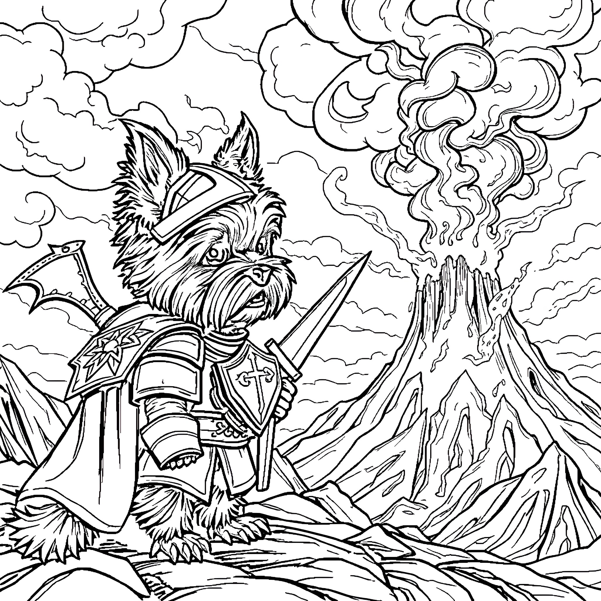 Yorkie warrior facing a volcanic eruption Coloring Page (free black-and-white line drawing printable PDF for all, from beginners to advanced learners, including children, teens, adults, and seniors)