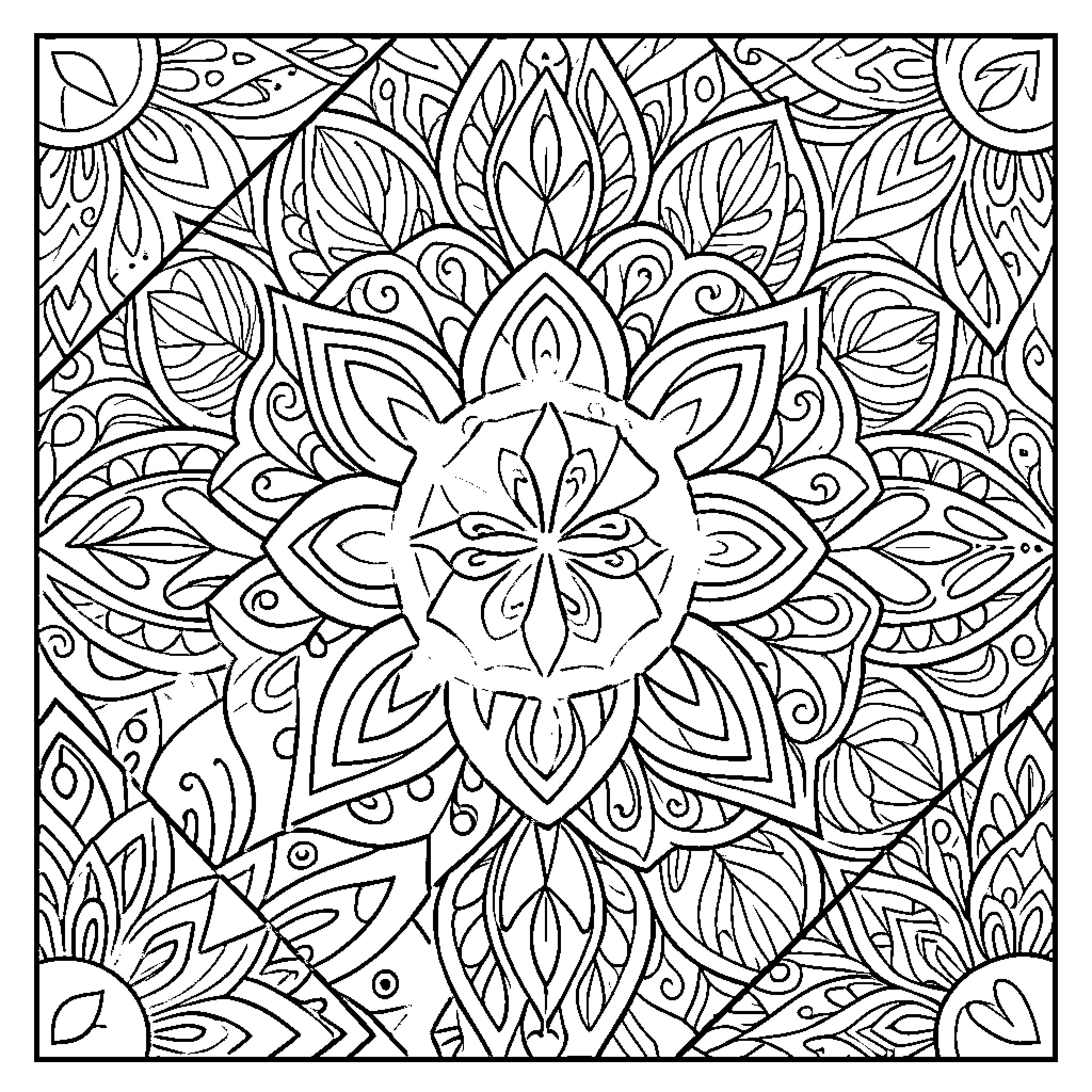 Keith Miller's Intricate Mandala Artwork Coloring Page (free black-and-white line drawing printable PDF for all, from beginners to advanced learners, including children, teens, adults, and seniors)