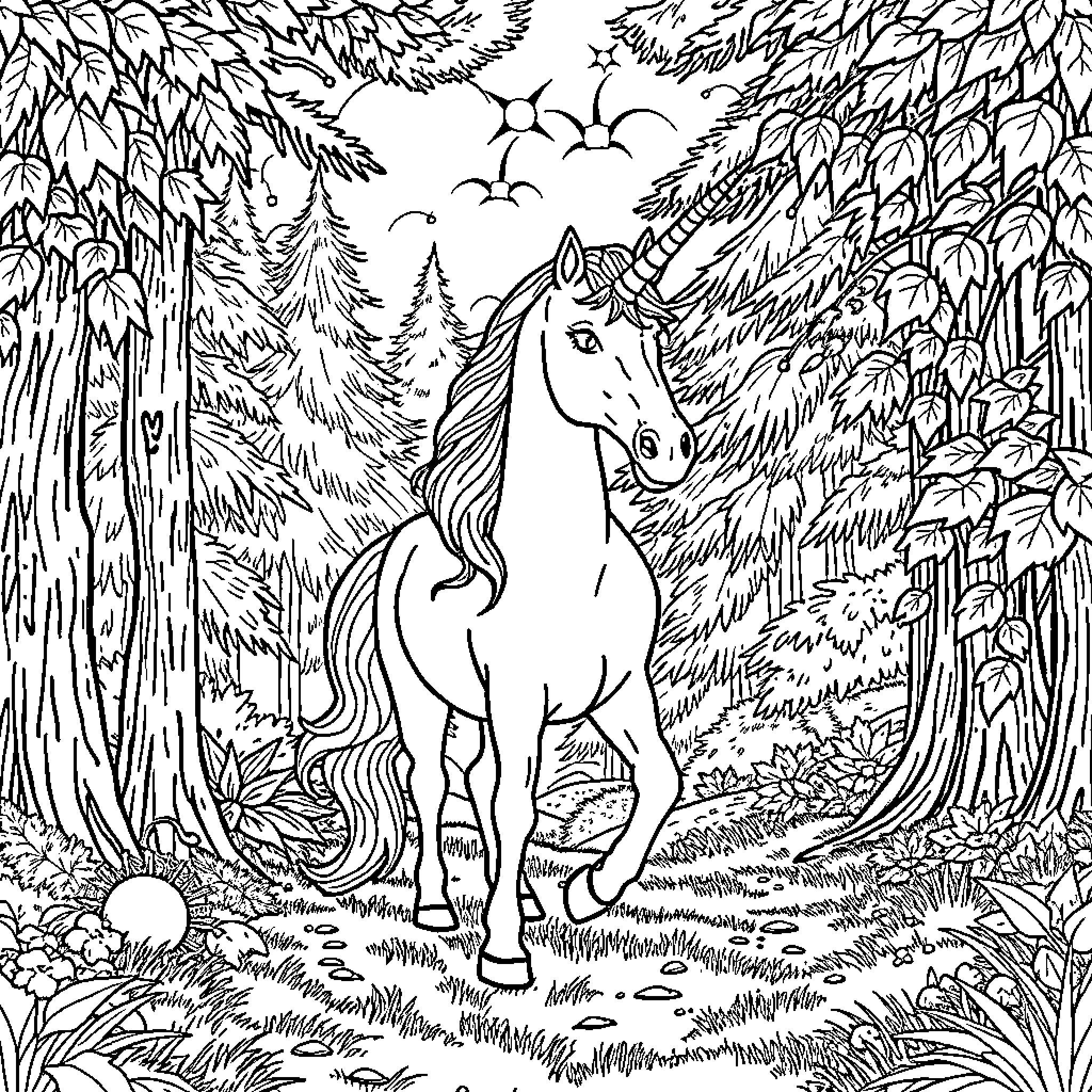 Unicorn exploring magical forest landscape Coloring Page (free black-and-white line drawing printable PDF for all, from beginners to advanced learners, including children, teens, adults, and seniors)