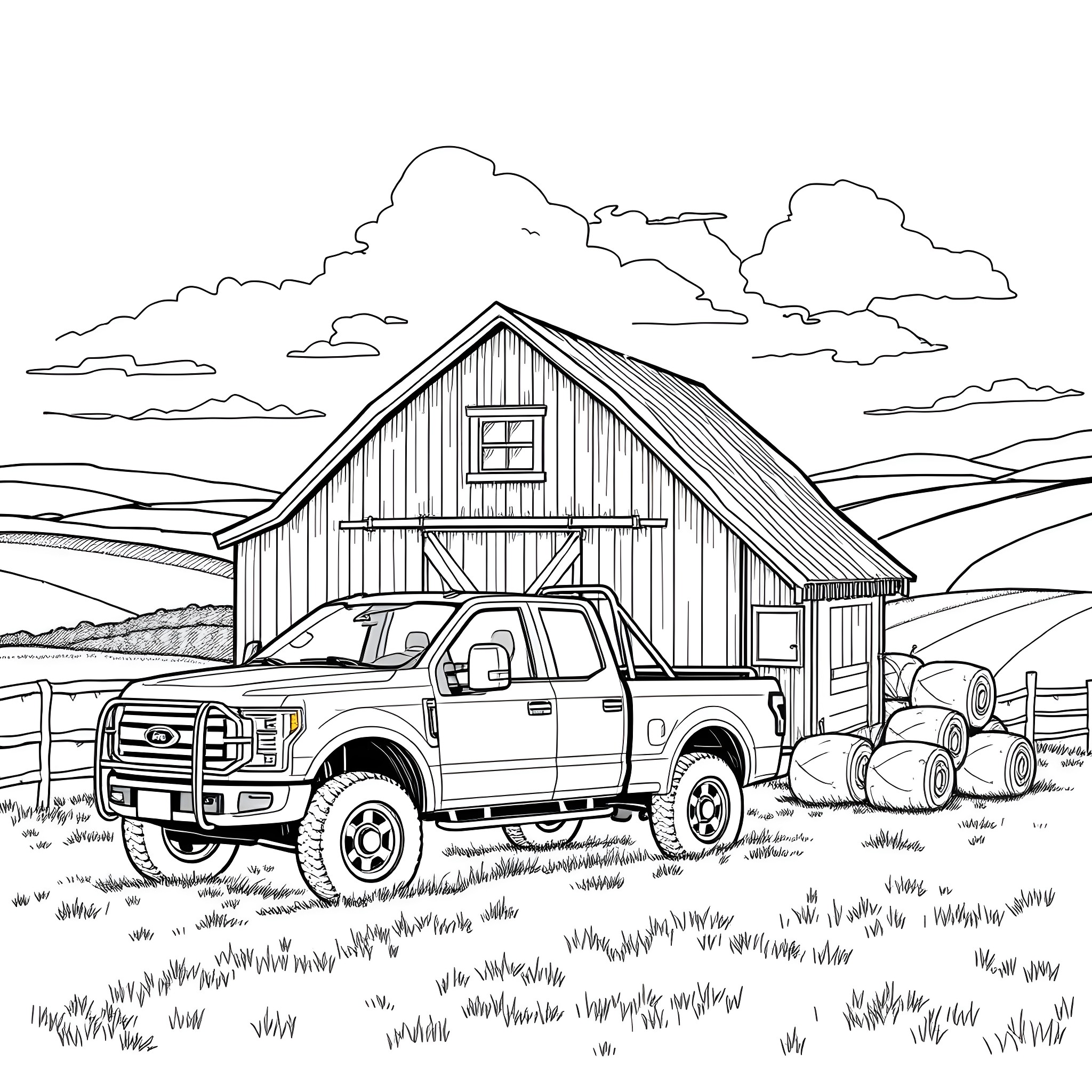 Pickup truck parked near rustic barn in countryside Coloring Page (free black-and-white line drawing printable PDF for all, from beginners to advanced learners, including children, teens, adults, and seniors)