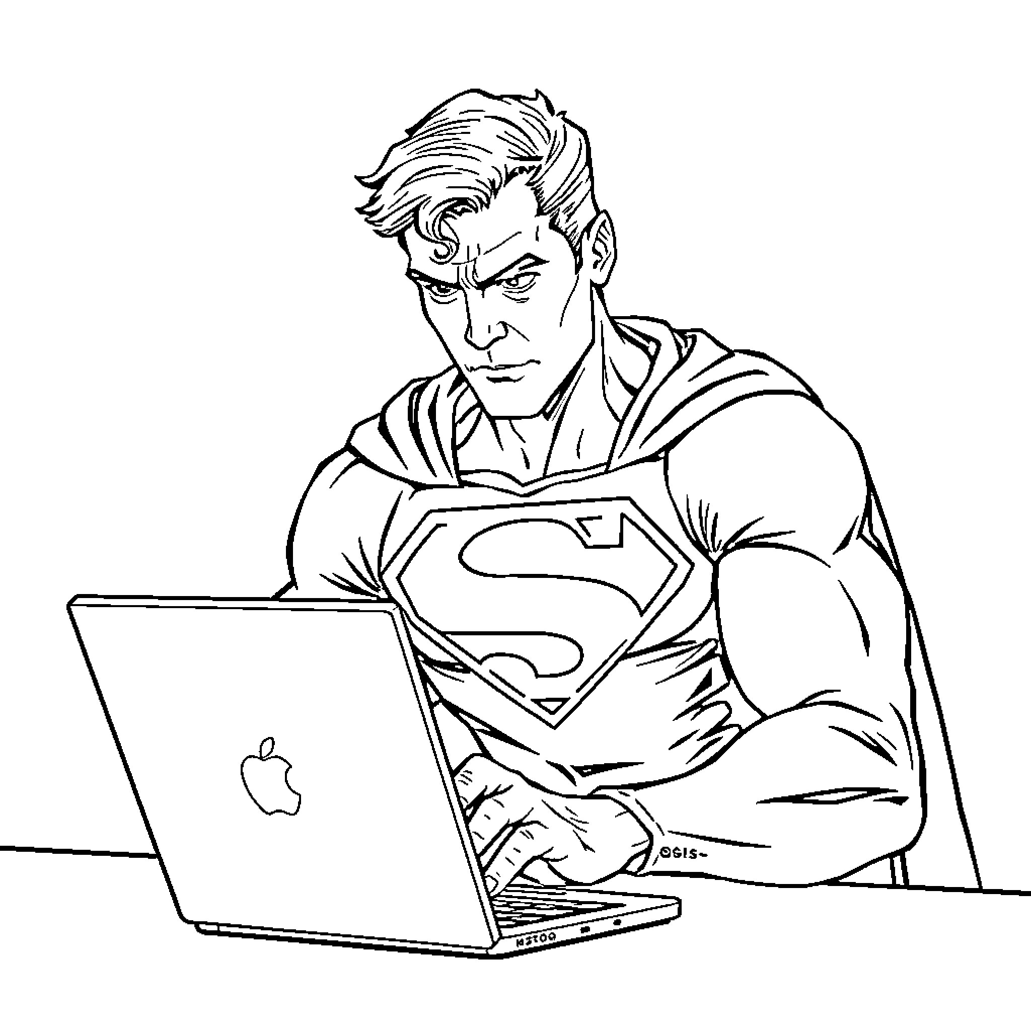 Superman working diligently on a laptop Coloring Page (free black-and-white line drawing printable PDF for all, from beginners to advanced learners, including children, teens, adults, and seniors)