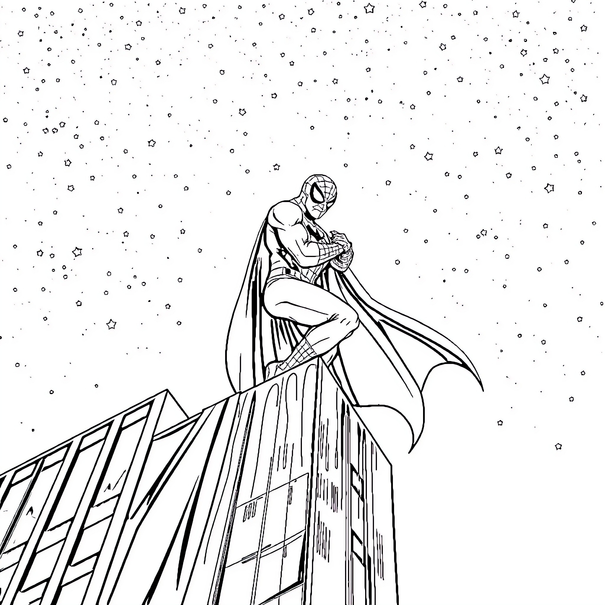 Spiderman swinging through the city at night Coloring Page (free black-and-white line drawing printable PDF for all, from beginners to advanced learners, including children, teens, adults, and seniors)