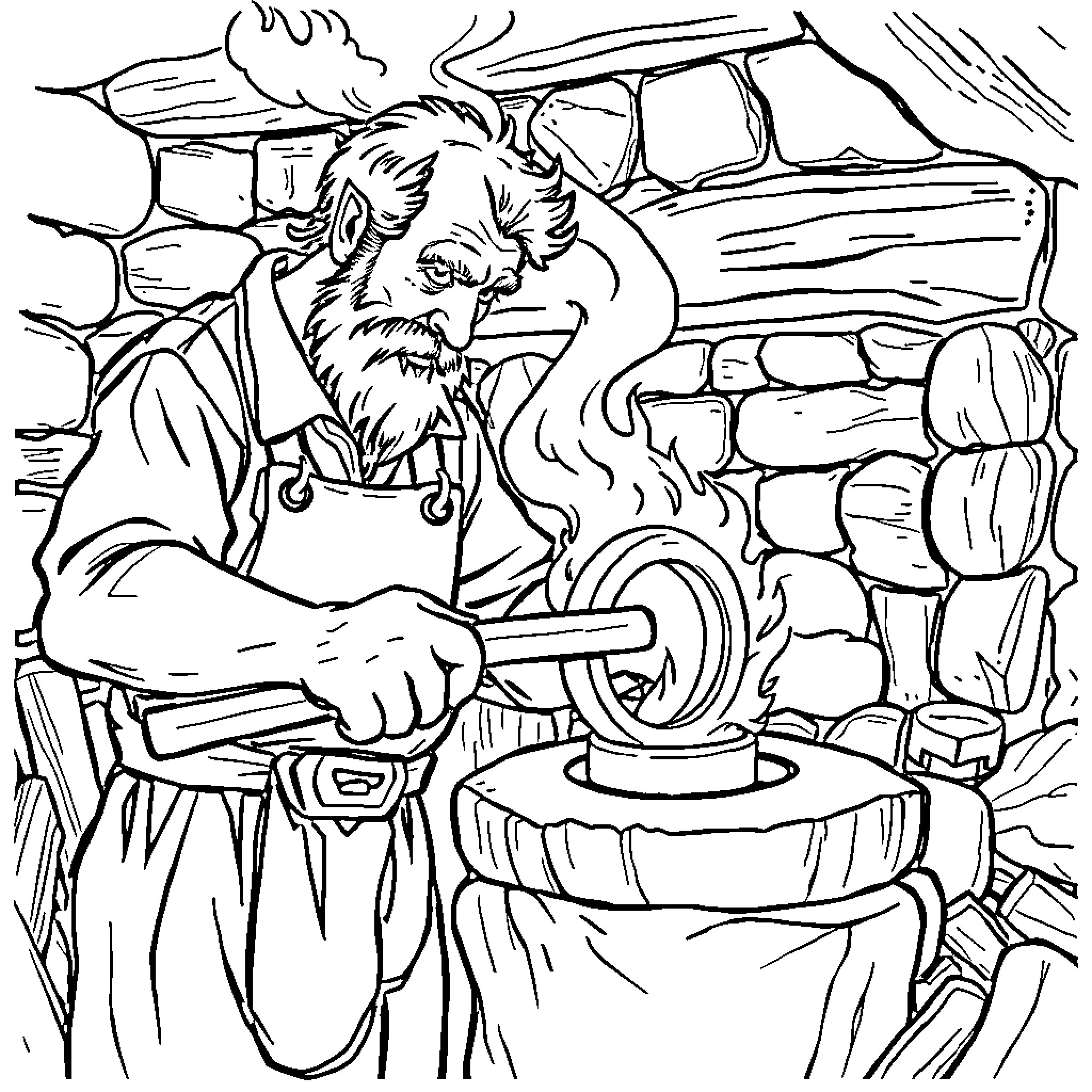 Blacksmith hard at work forging metal in rustic workshop Coloring Page (free black-and-white line drawing printable PDF for all, from beginners to advanced learners, including children, teens, adults, and seniors)
