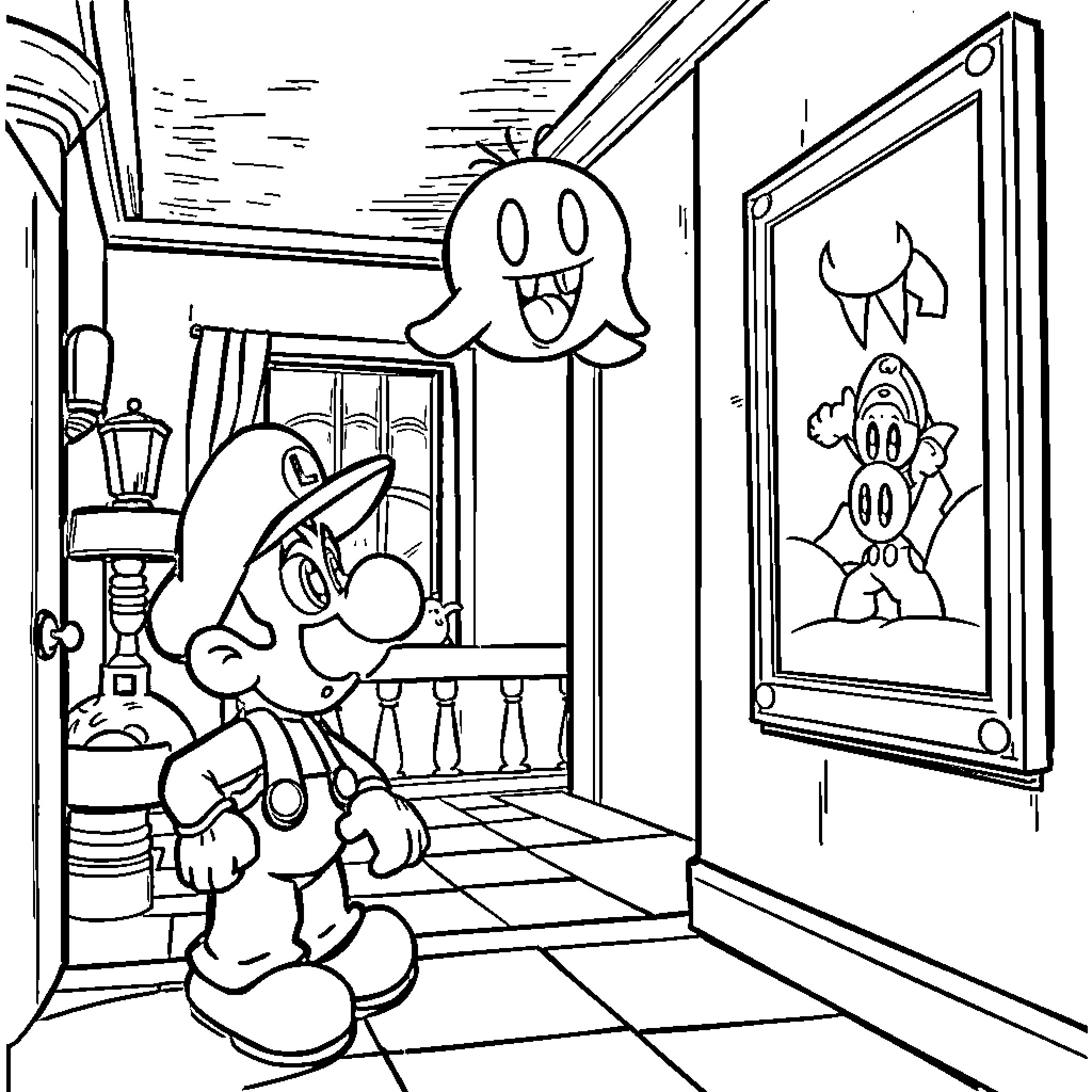 Luigi's Whimsical Adventures in the Haunted House Coloring Page (free black-and-white line drawing printable PDF for all, from beginners to advanced learners, including children, teens, adults, and seniors)