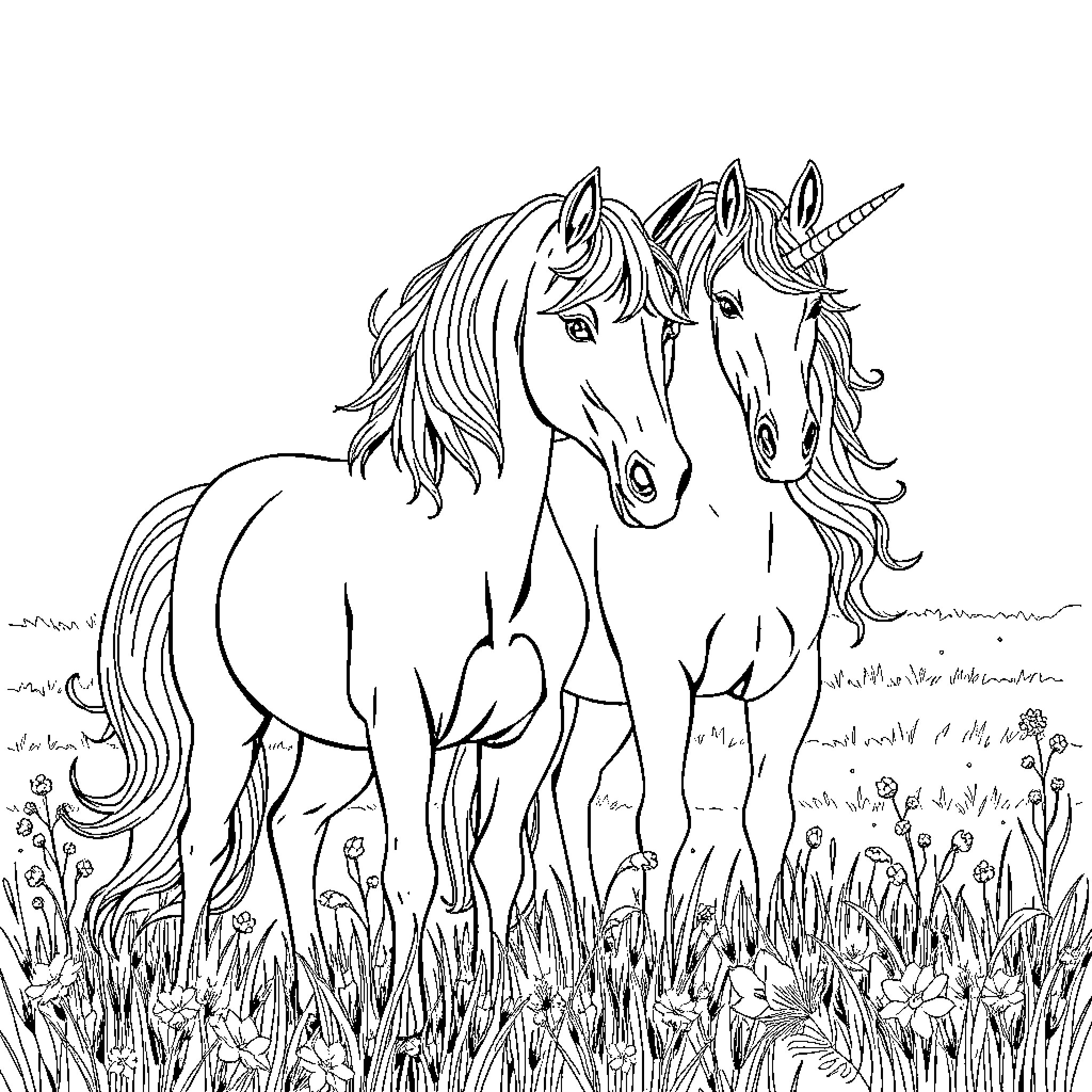 Unicorns standing majestically in a field Coloring Page (free black-and-white line drawing printable PDF for all, from beginners to advanced learners, including children, teens, adults, and seniors)