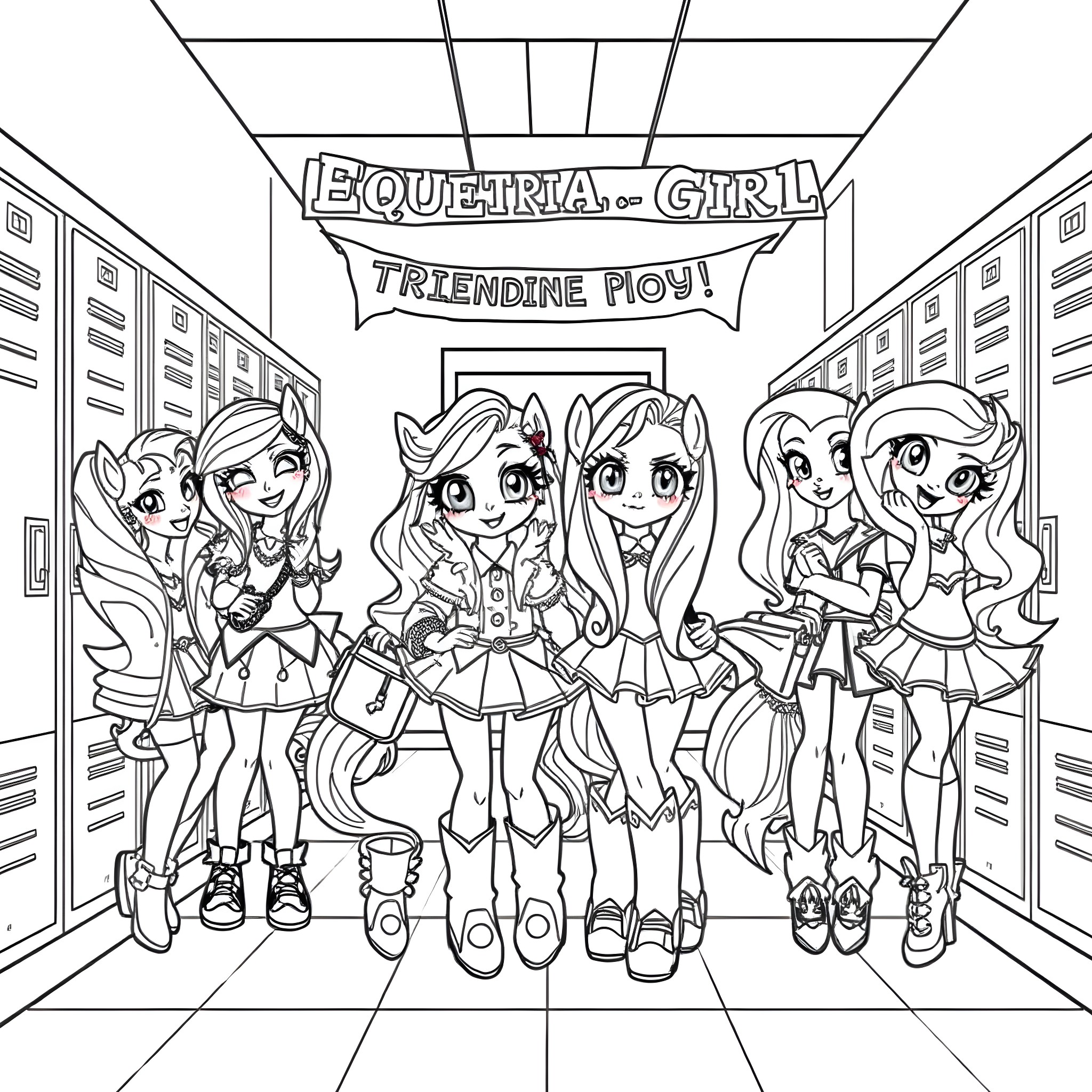 Pony Equestria Girls at Lockers Coloring Page (free black-and-white line drawing printable PDF for all, from beginners to advanced learners, including children, teens, adults, and seniors)