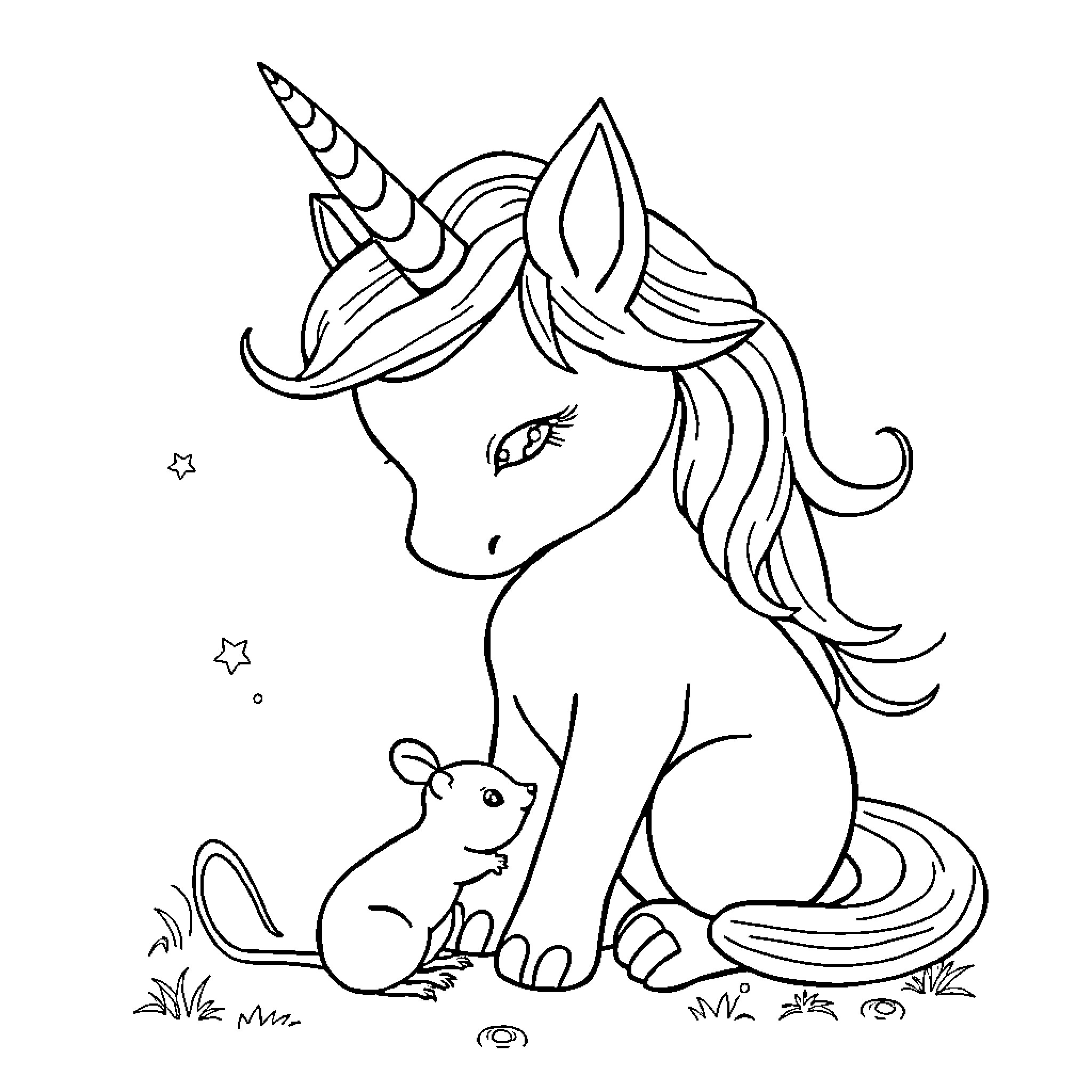 Unicorn Cat relaxing with cute mouse companion Coloring Page (free black-and-white line drawing printable PDF for all, from beginners to advanced learners, including children, teens, adults, and seniors)