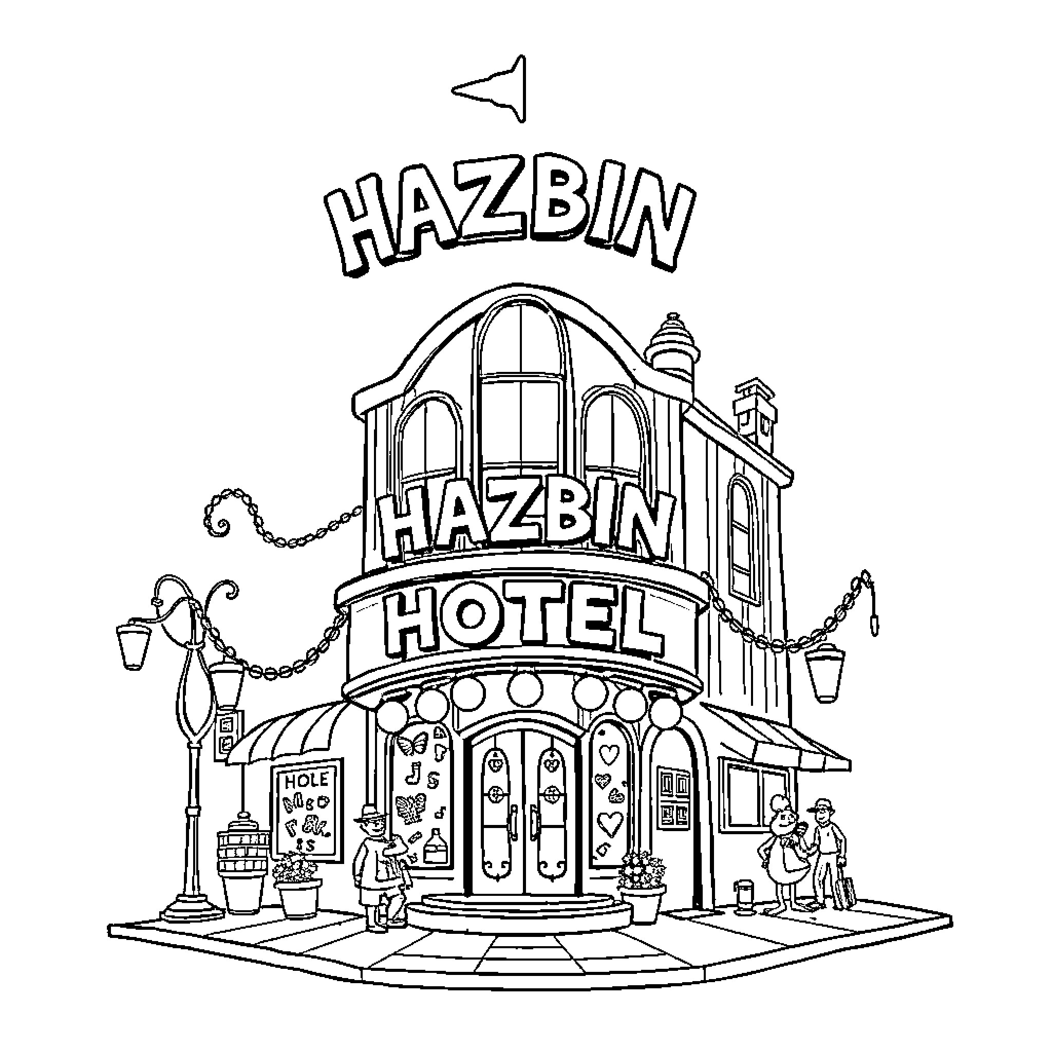 Hazbin Hotel with whimsical exterior and characters Coloring Page (free black-and-white line drawing printable PDF for all, from beginners to advanced learners, including children, teens, adults, and seniors)