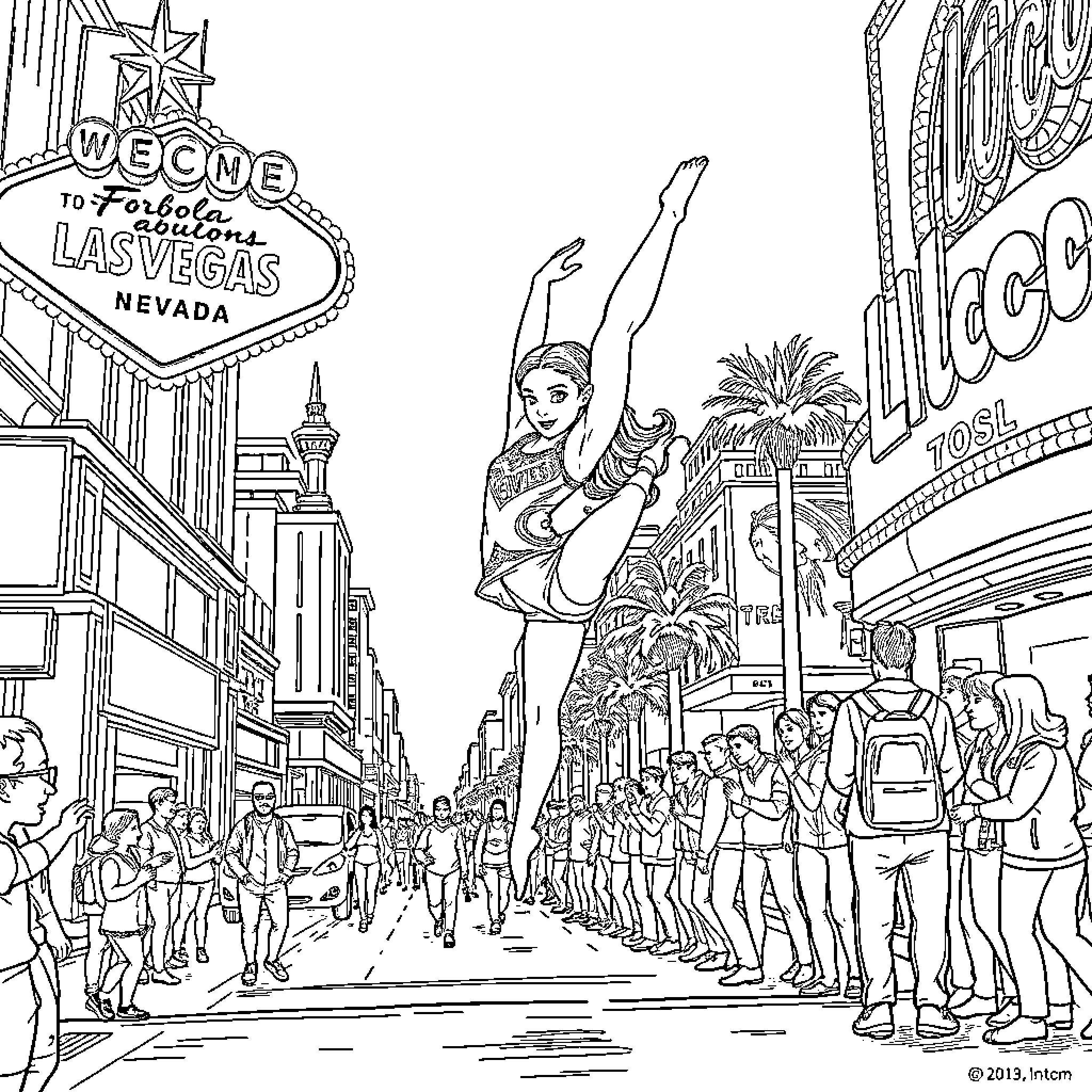 Gymnast performing on busy street of Las Vegas Coloring Page (free black-and-white line drawing printable PDF for all, from beginners to advanced learners, including children, teens, adults, and seniors)