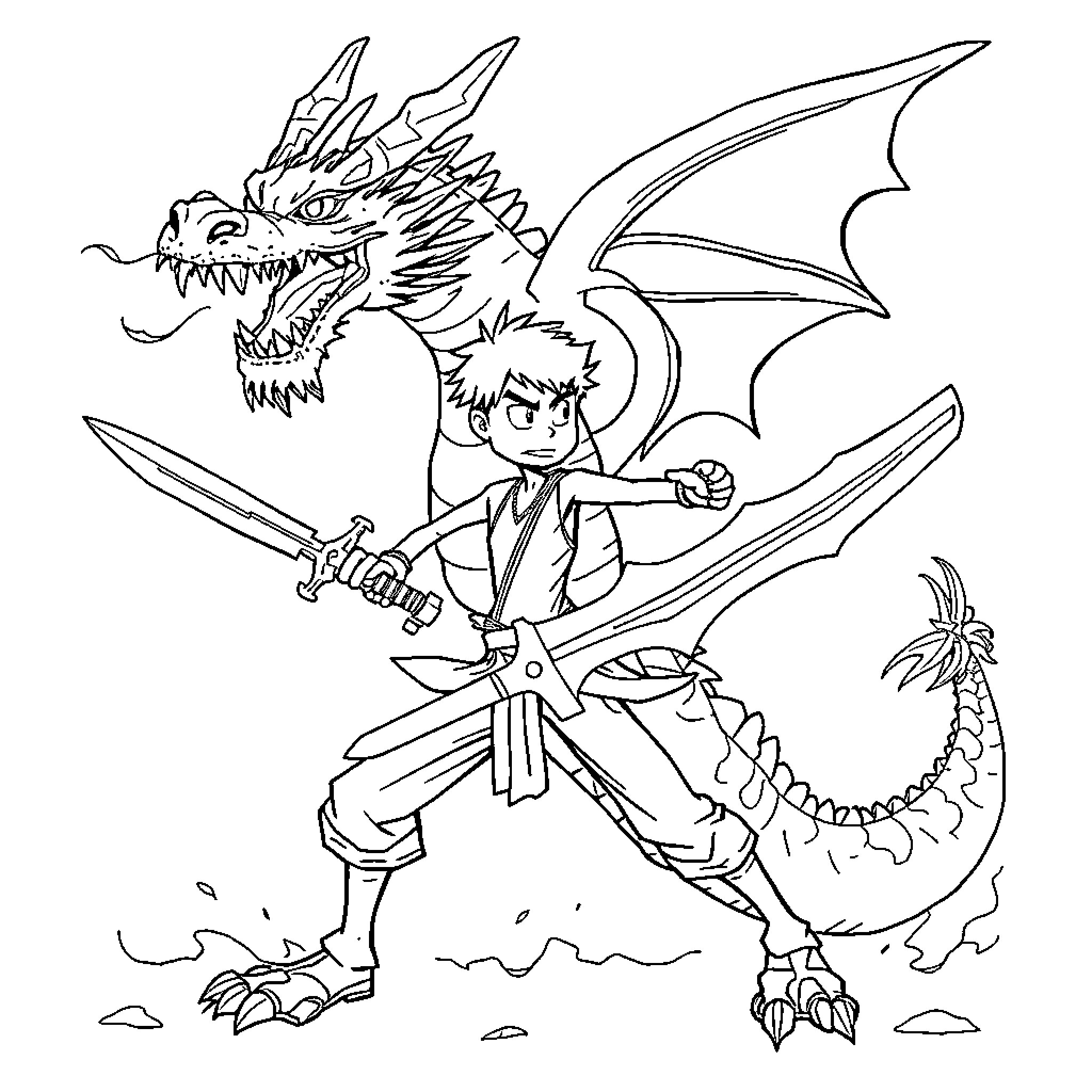 Stickman slaying the ferocious dragon Coloring Page (free black-and-white line drawing printable PDF for all, from beginners to advanced learners, including children, teens, adults, and seniors)