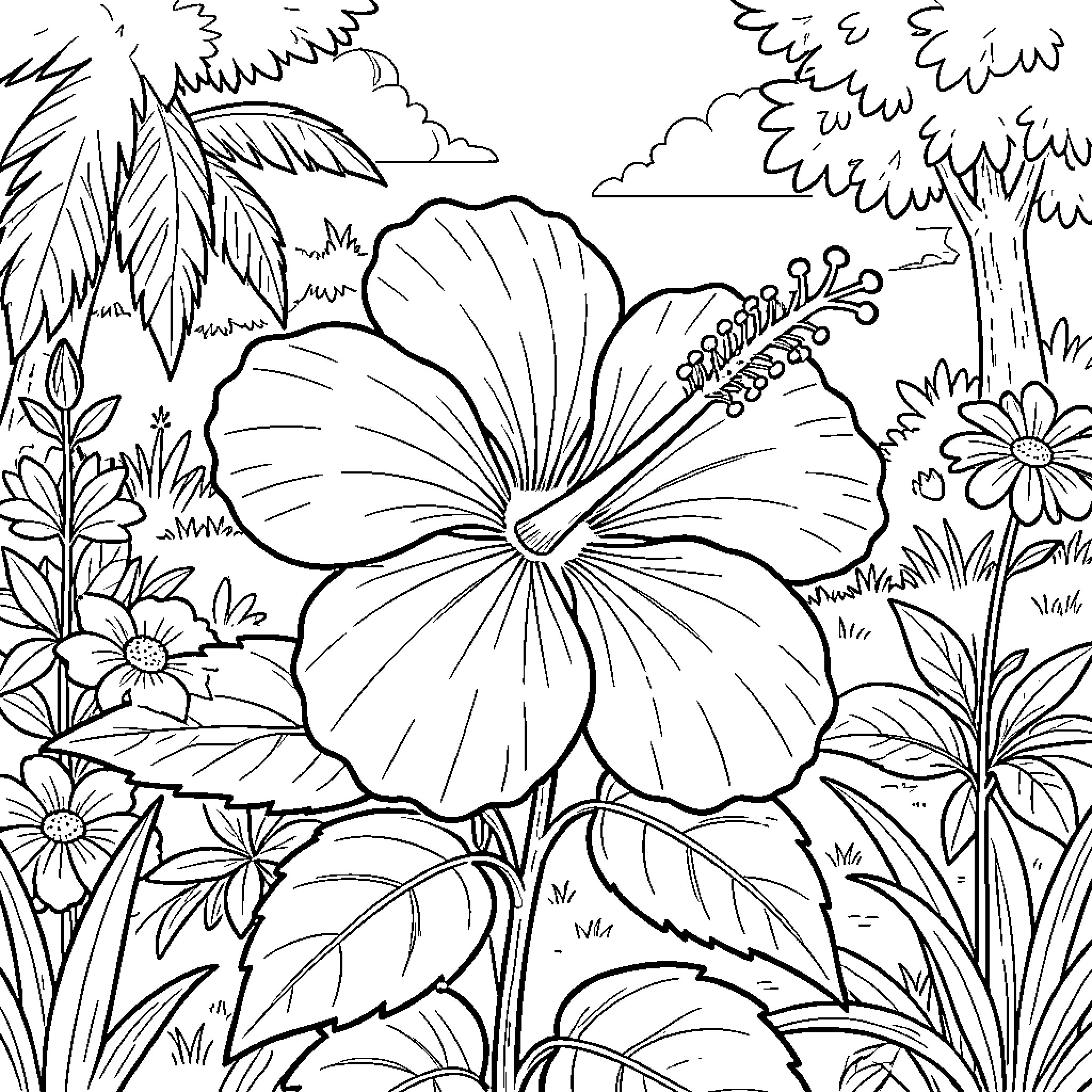 Hibiscus blooming amidst various garden plants and foliage Coloring Page (free black-and-white line drawing printable PDF for all, from beginners to advanced learners, including children, teens, adults, and seniors)