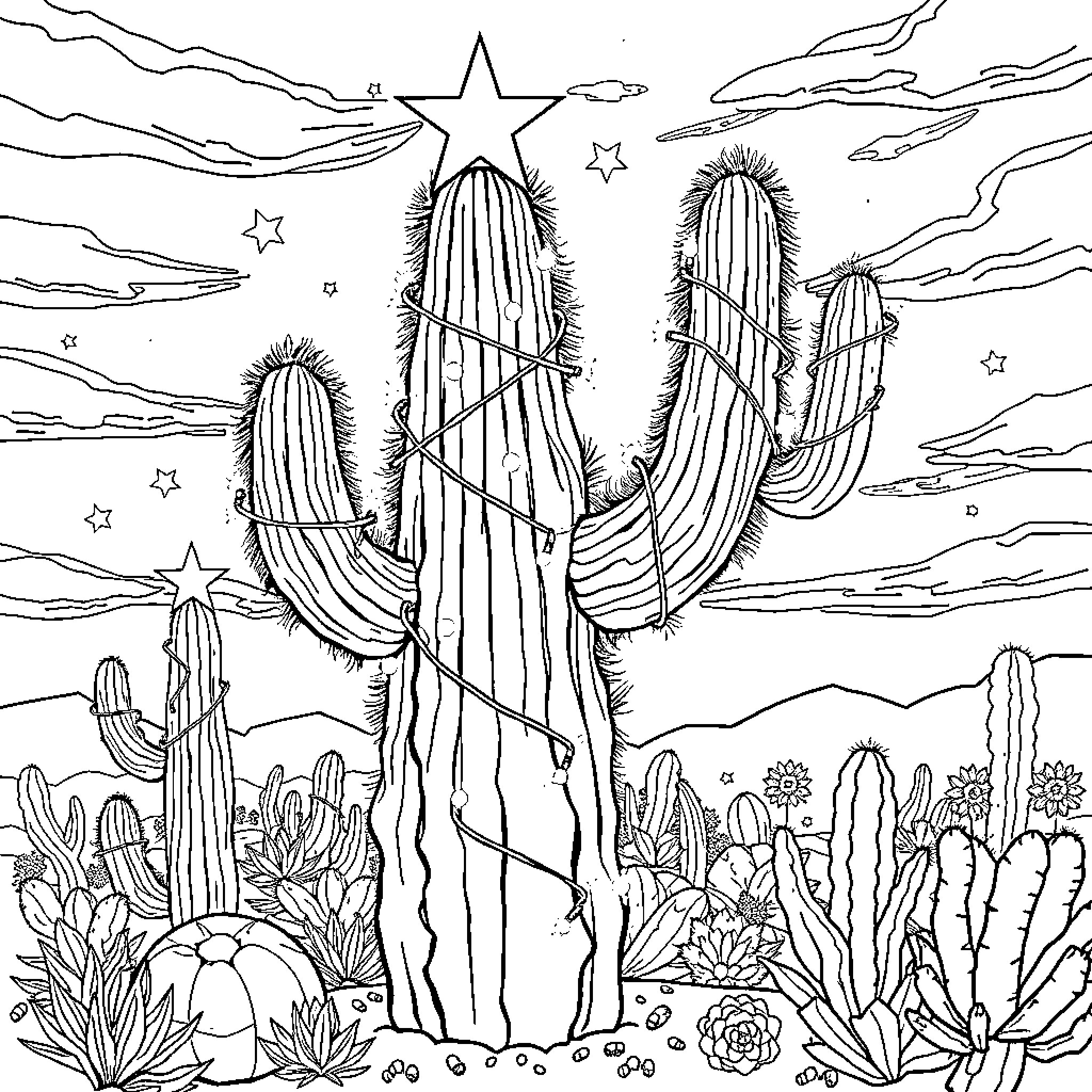 Texas Desert Landscape with Towering Cacti Coloring Page (free black-and-white line drawing printable PDF for all, from beginners to advanced learners, including children, teens, adults, and seniors)