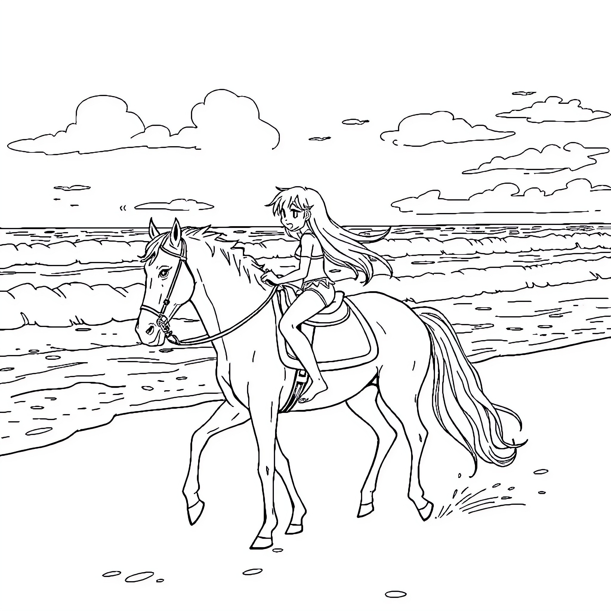 Mika's Horseback Ride by the Tranquil Shore Coloring Page (free black-and-white line drawing printable PDF for all, from beginners to advanced learners, including children, teens, adults, and seniors)