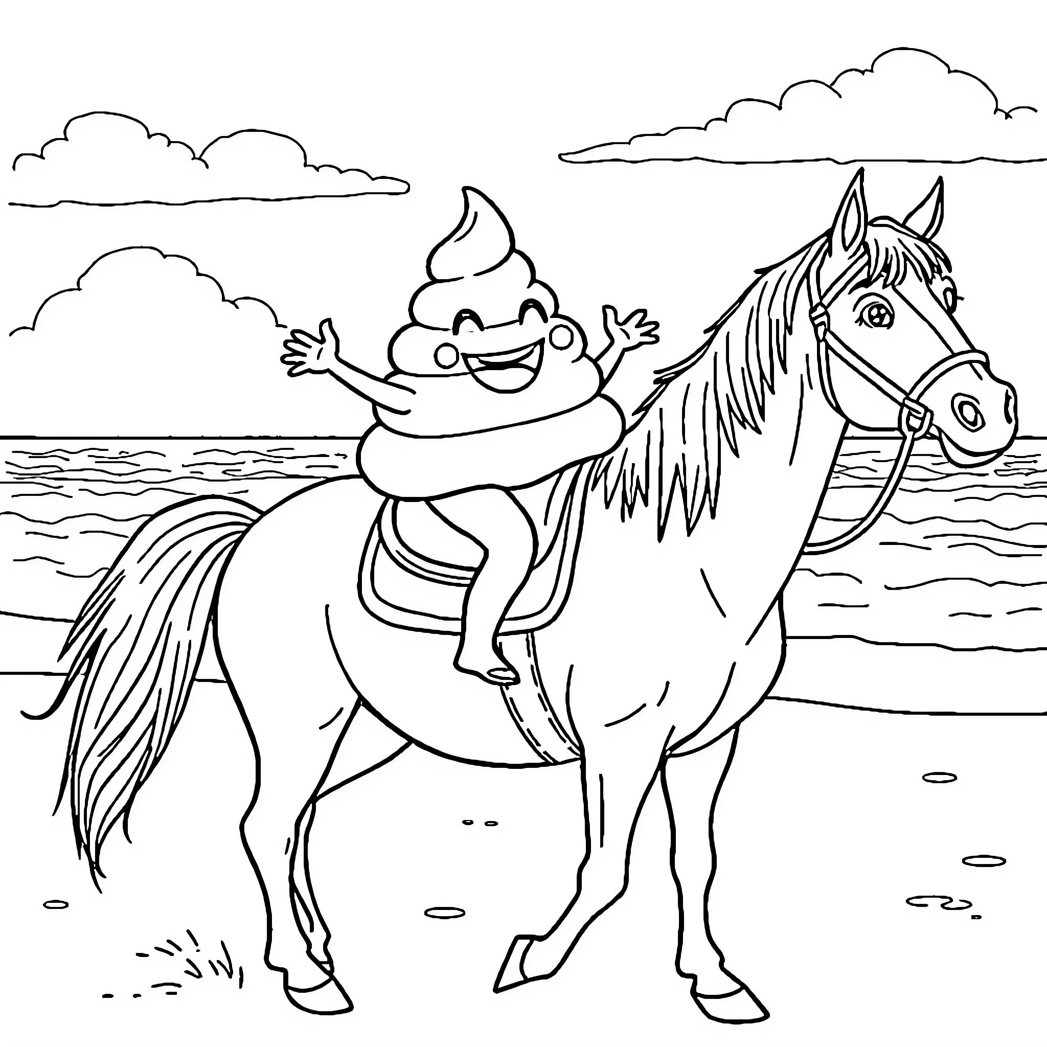 Poop Emoji riding a horse by the sea Coloring Page (free black-and-white line drawing printable PDF for all, from beginners to advanced learners, including children, teens, adults, and seniors)